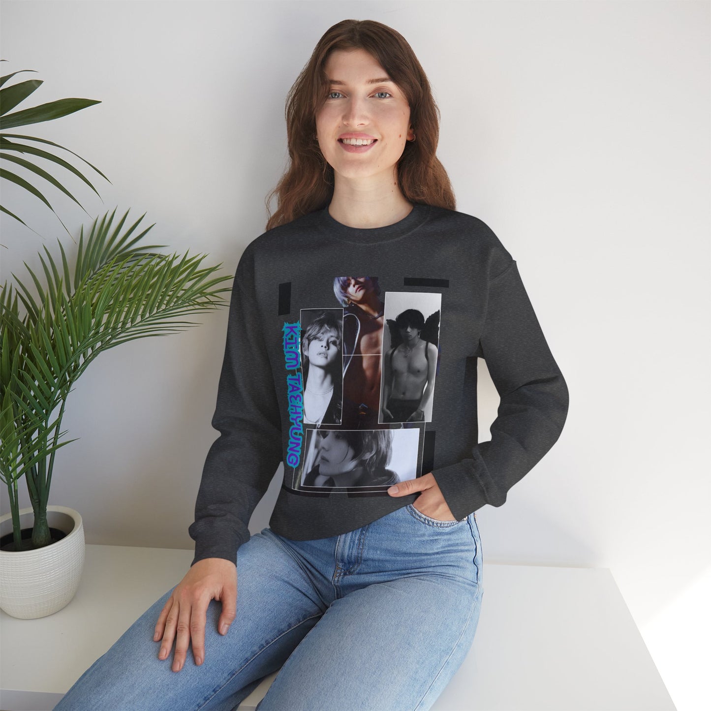 Collage Photo Crewneck Sweatshirt — Retro Portraits with Blue 'KPOP TAEHYUNG' Text