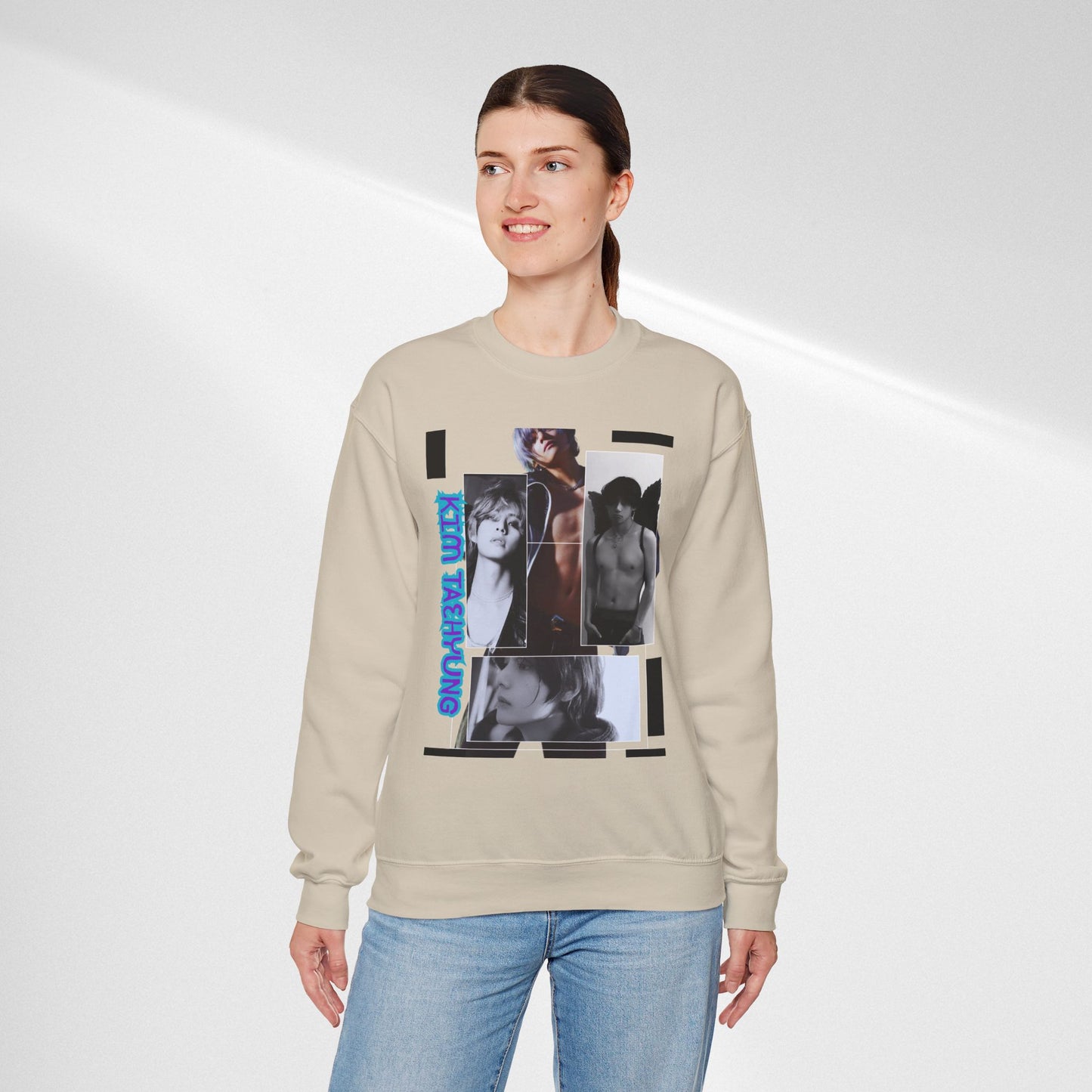 Collage Photo Crewneck Sweatshirt — Retro Portraits with Blue 'KPOP TAEHYUNG' Text