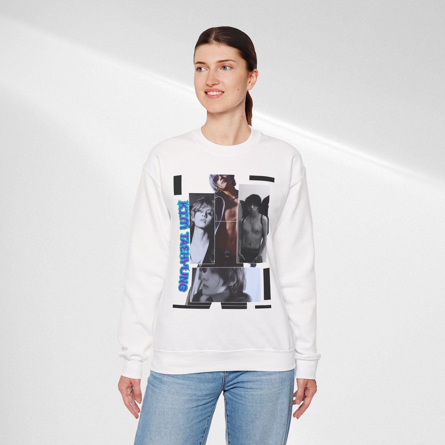 Collage Photo Crewneck Sweatshirt — Retro Portraits with Blue 'KPOP TAEHYUNG' Text