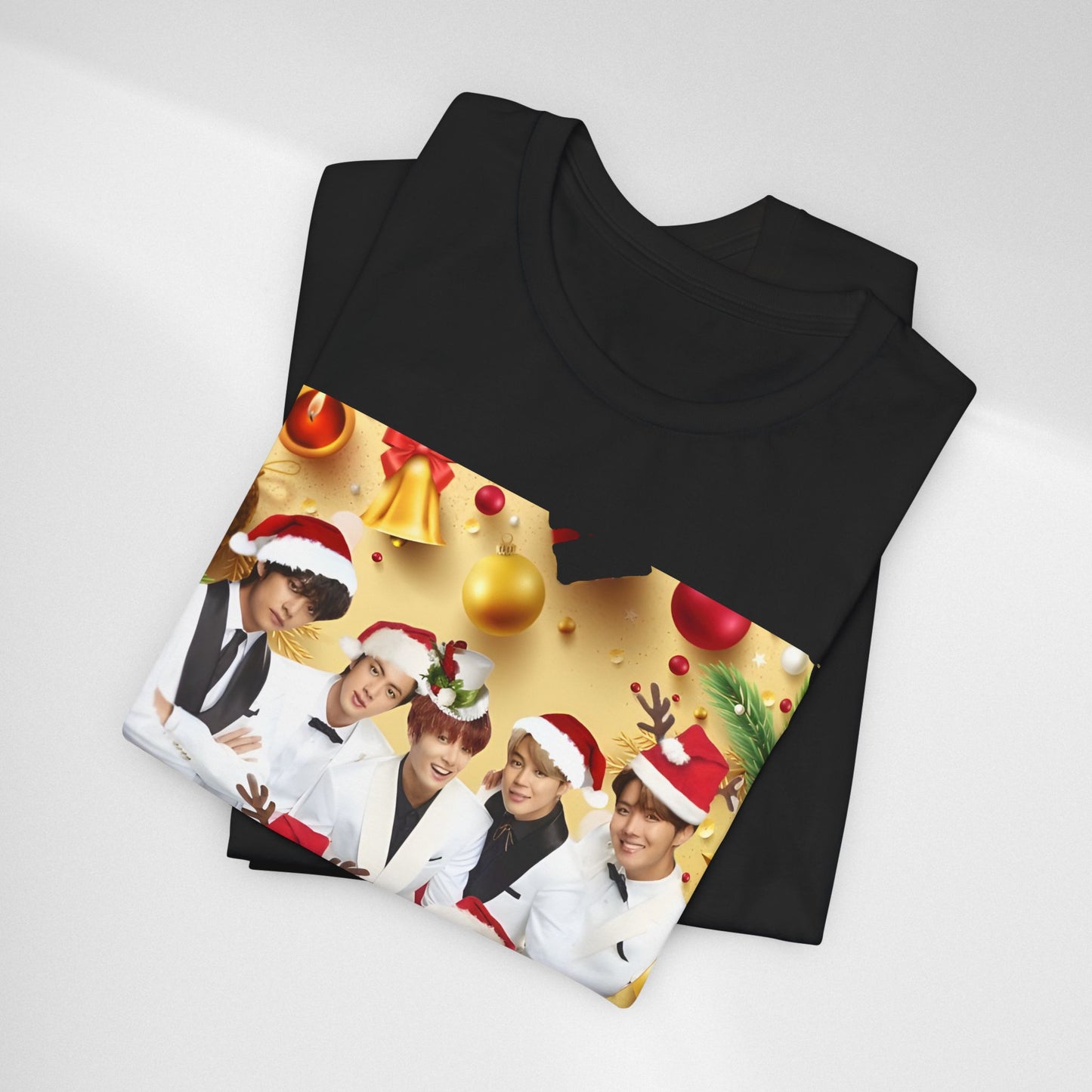 Christmas BTS Photo T‑Shirt — Holiday Santa Hat Group Design