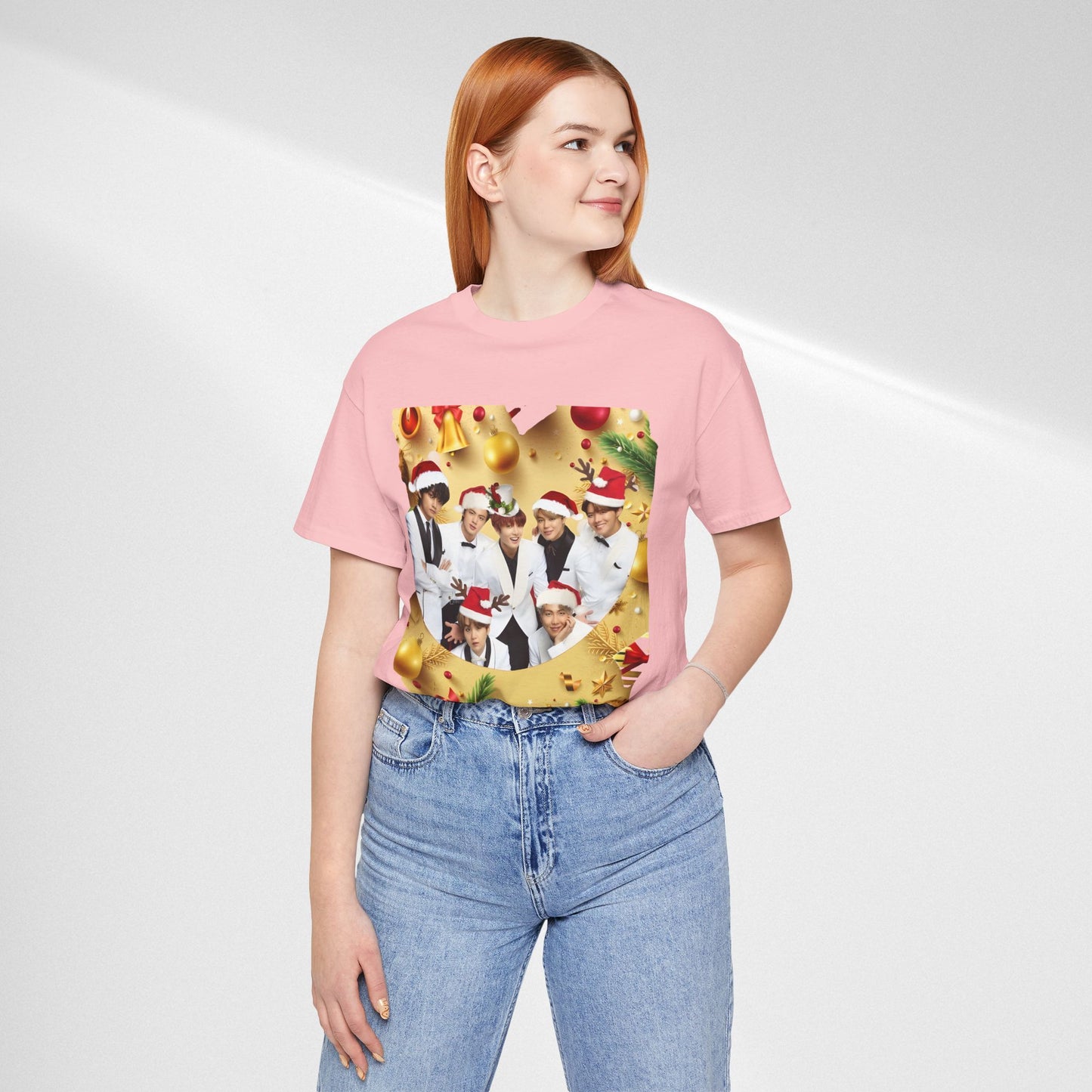 Christmas BTS Photo T‑Shirt — Holiday Santa Hat Group Design