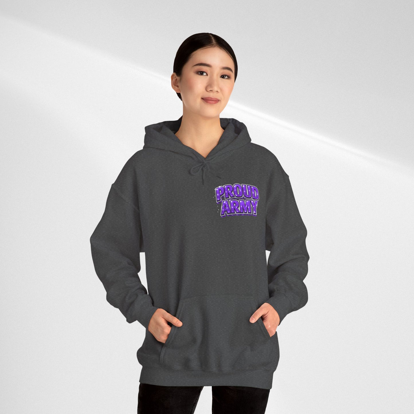 Proud Army Hoodie — Bold Purple Text Military Support Pullover