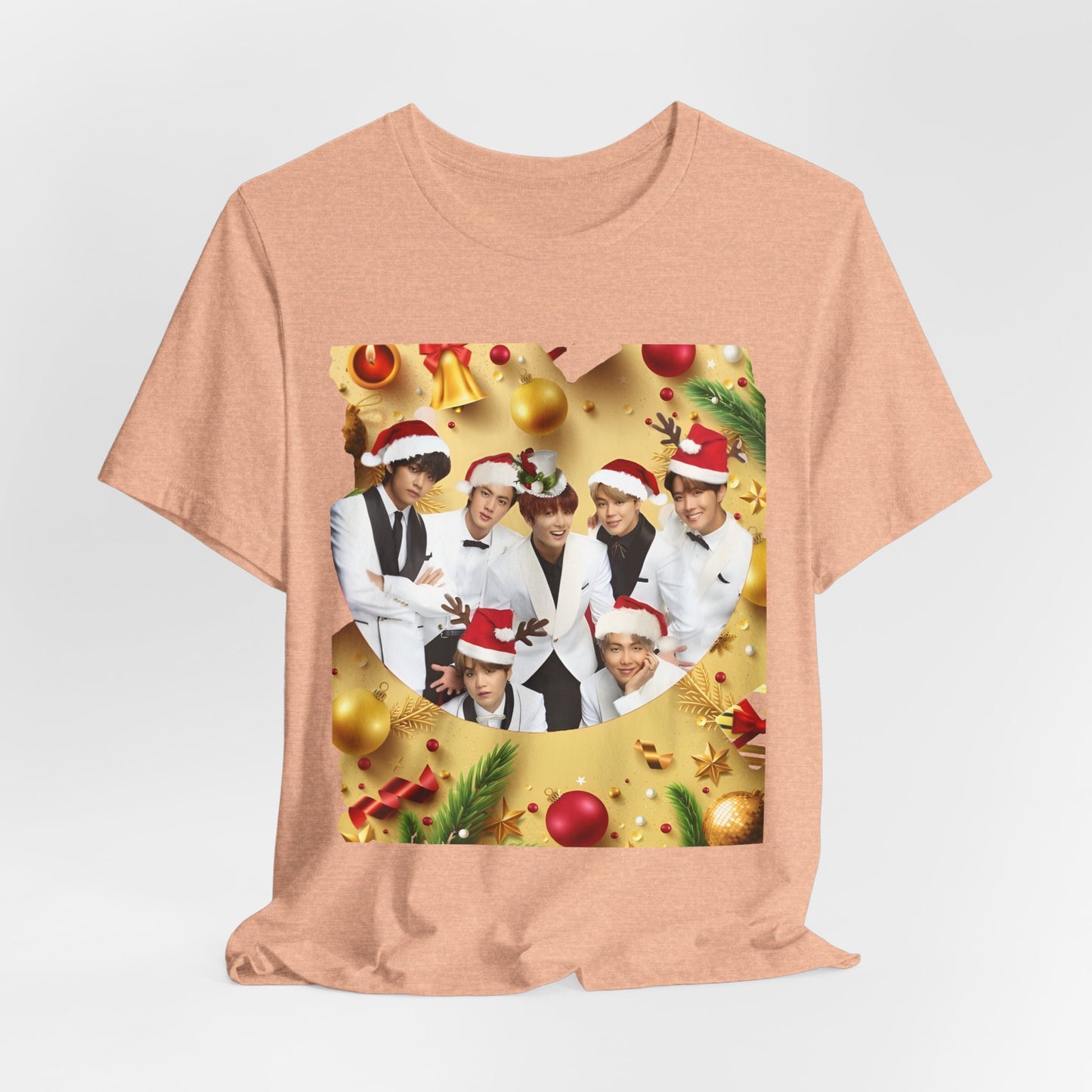 Christmas BTS Photo T‑Shirt — Holiday Santa Hat Group Design