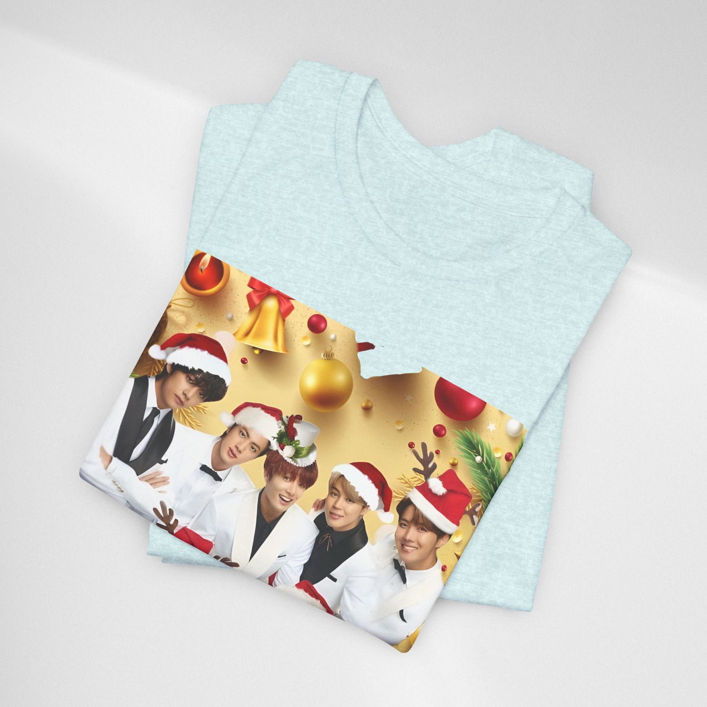 Christmas BTS Photo T‑Shirt — Holiday Santa Hat Group Design