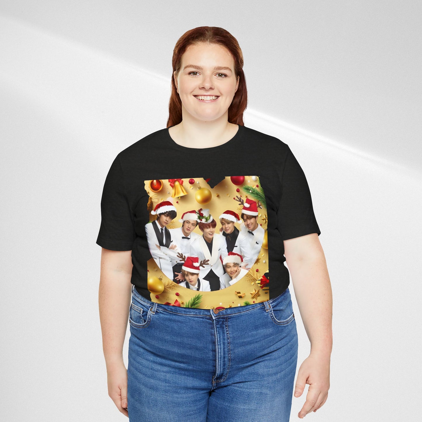 Christmas BTS Photo T‑Shirt — Holiday Santa Hat Group Design