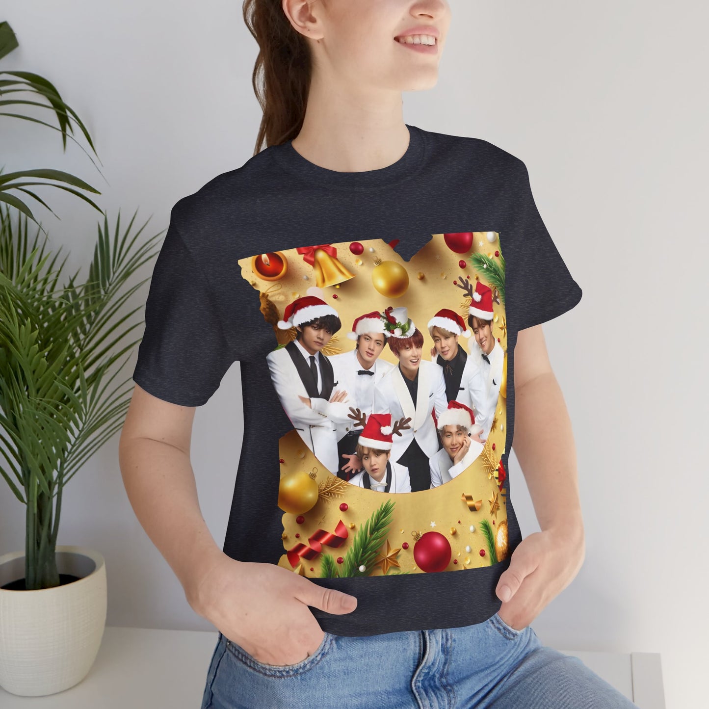 Christmas BTS Photo T‑Shirt — Holiday Santa Hat Group Design