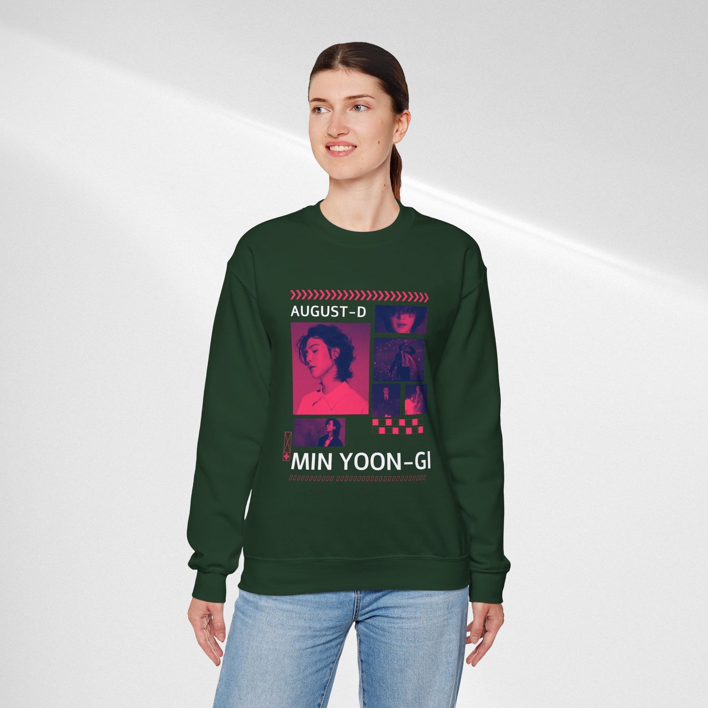 Graphic Crewneck Sweatshirt — 'MIN YOON-GI' Neon Photo Collage