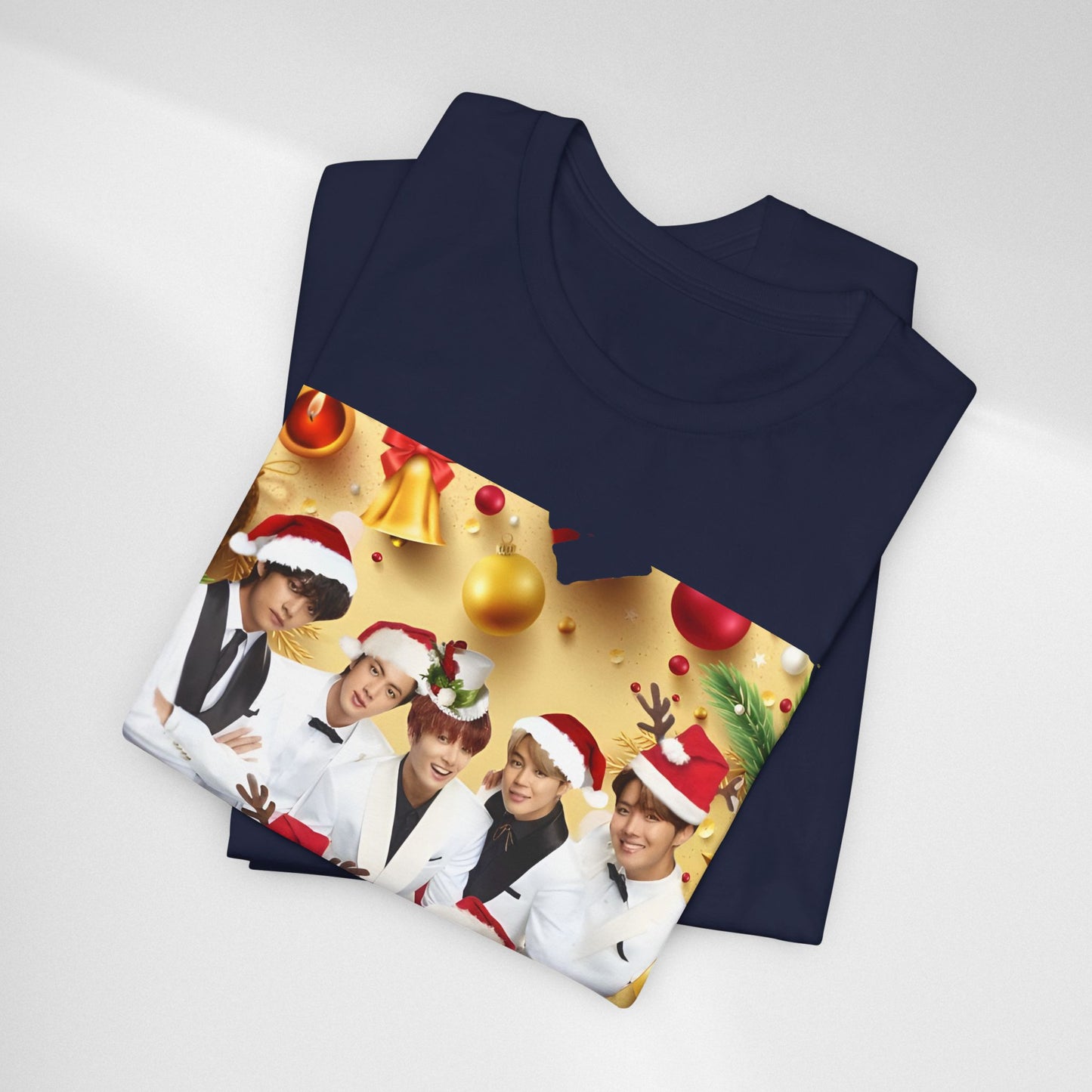 Christmas BTS Photo T‑Shirt — Holiday Santa Hat Group Design