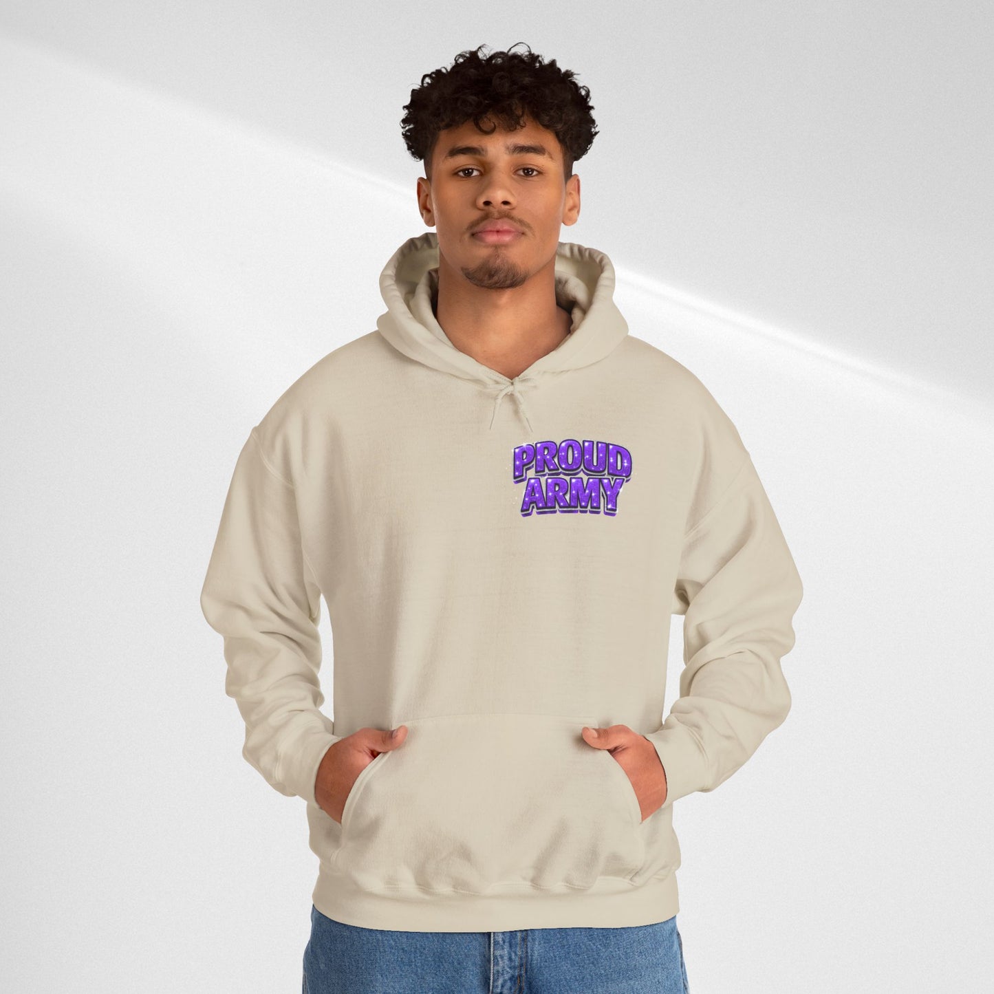 Proud Army Hoodie — Bold Purple Text Military Support Pullover