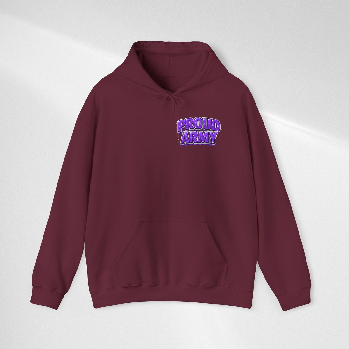 Proud Army Hoodie — Bold Purple Text Military Support Pullover