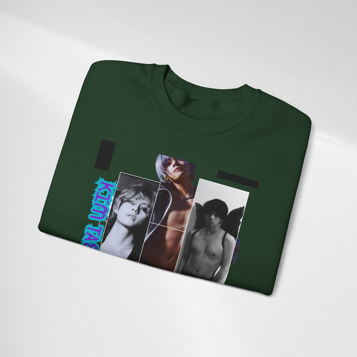 Collage Photo Crewneck Sweatshirt — Retro Portraits with Blue 'KPOP TAEHYUNG' Text