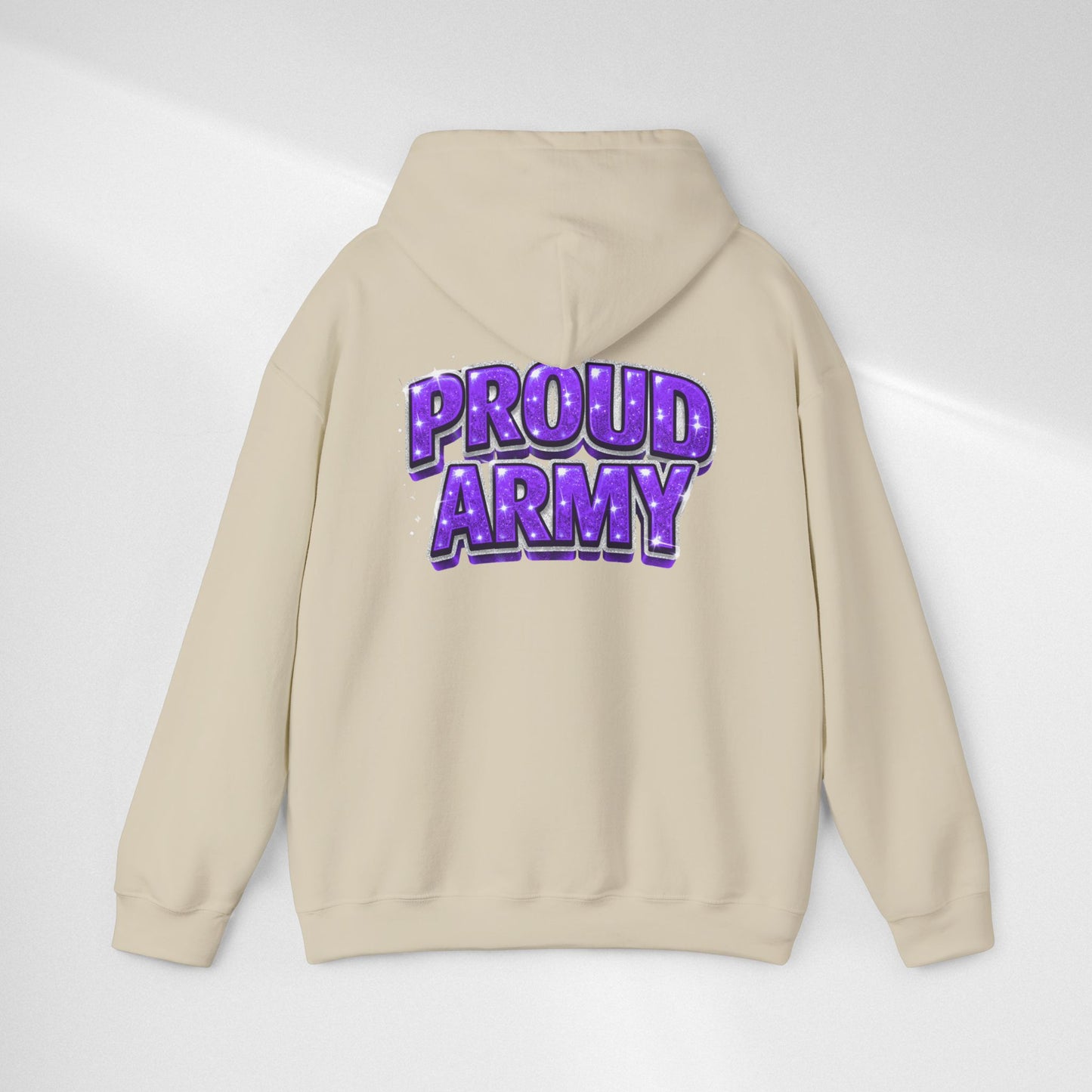Proud Army Hoodie — Bold Purple Text Military Support Pullover