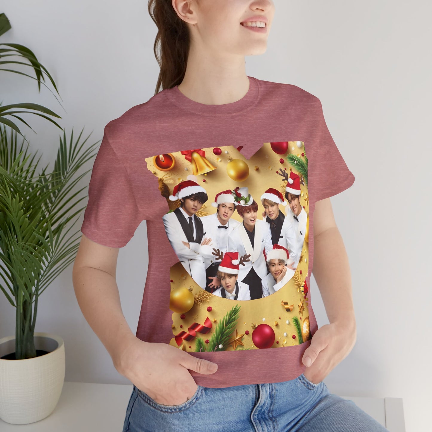 Christmas BTS Photo T‑Shirt — Holiday Santa Hat Group Design