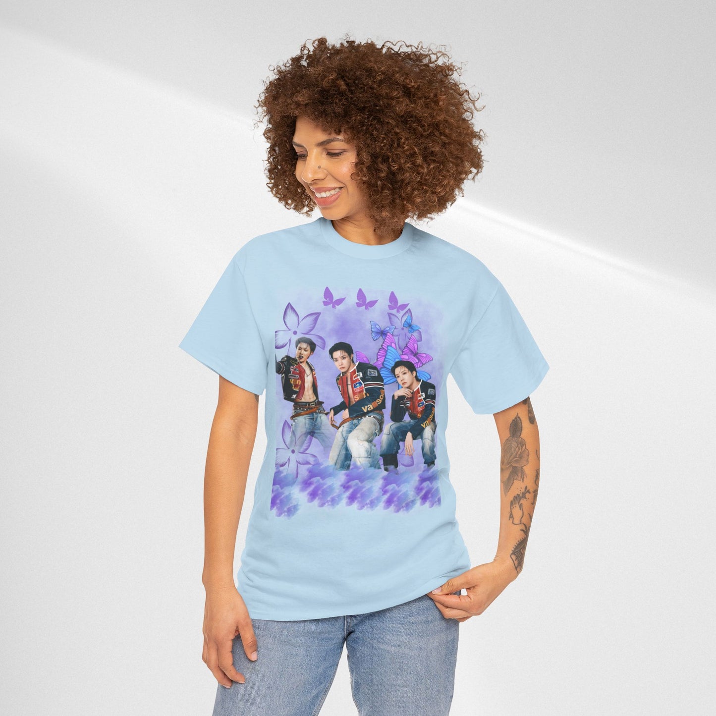 JHOPE Retro Pop Band Portrait Tee — Purple Butterfly Graphic T-Shirt