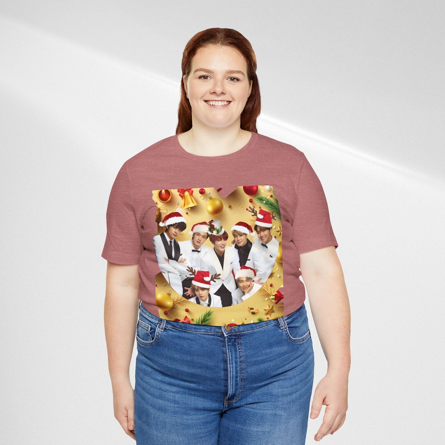 Christmas BTS Photo T‑Shirt — Holiday Santa Hat Group Design