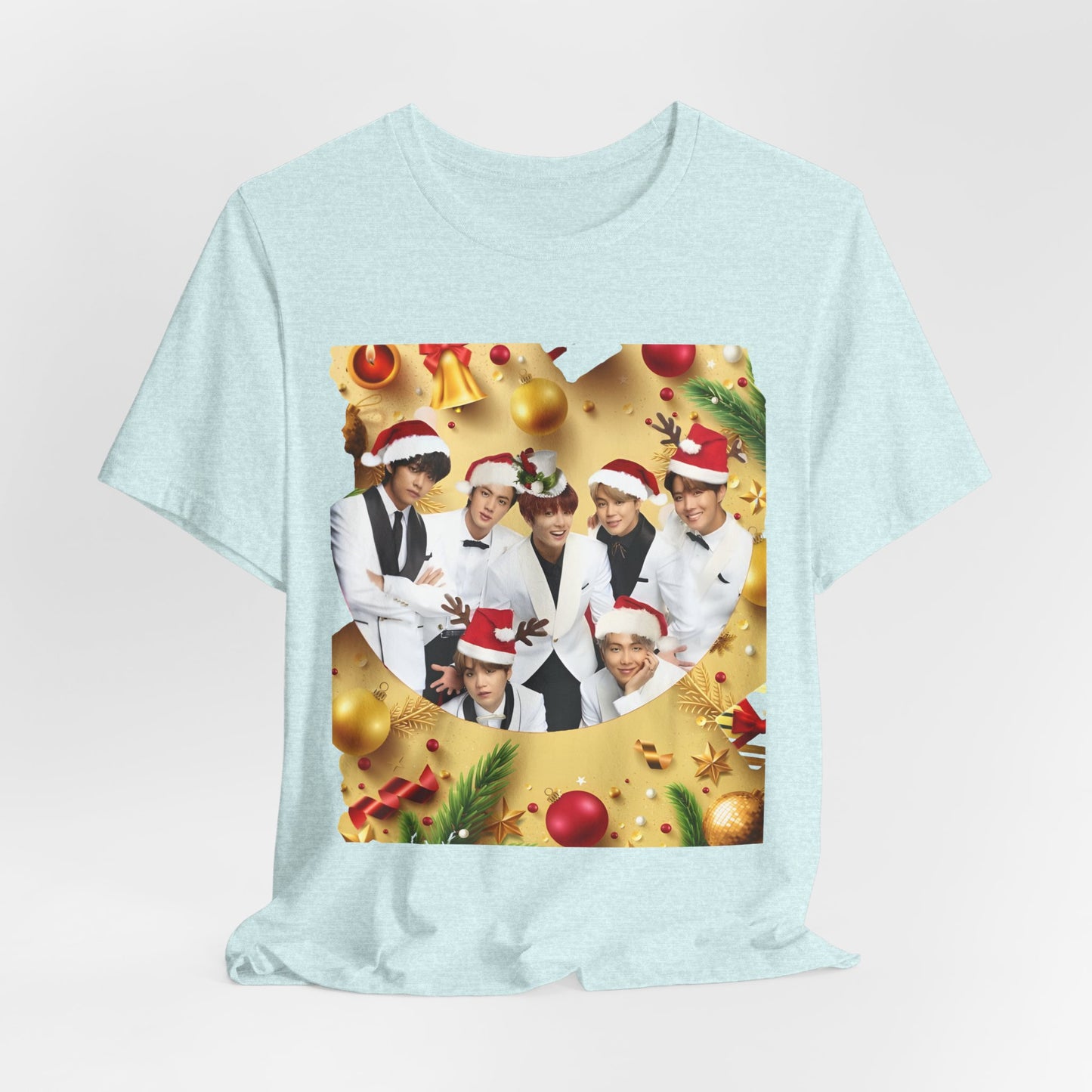 Christmas BTS Photo T‑Shirt — Holiday Santa Hat Group Design