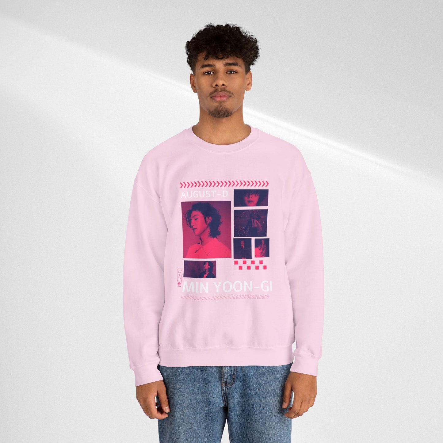Graphic Crewneck Sweatshirt — 'MIN YOON-GI' Neon Photo Collage