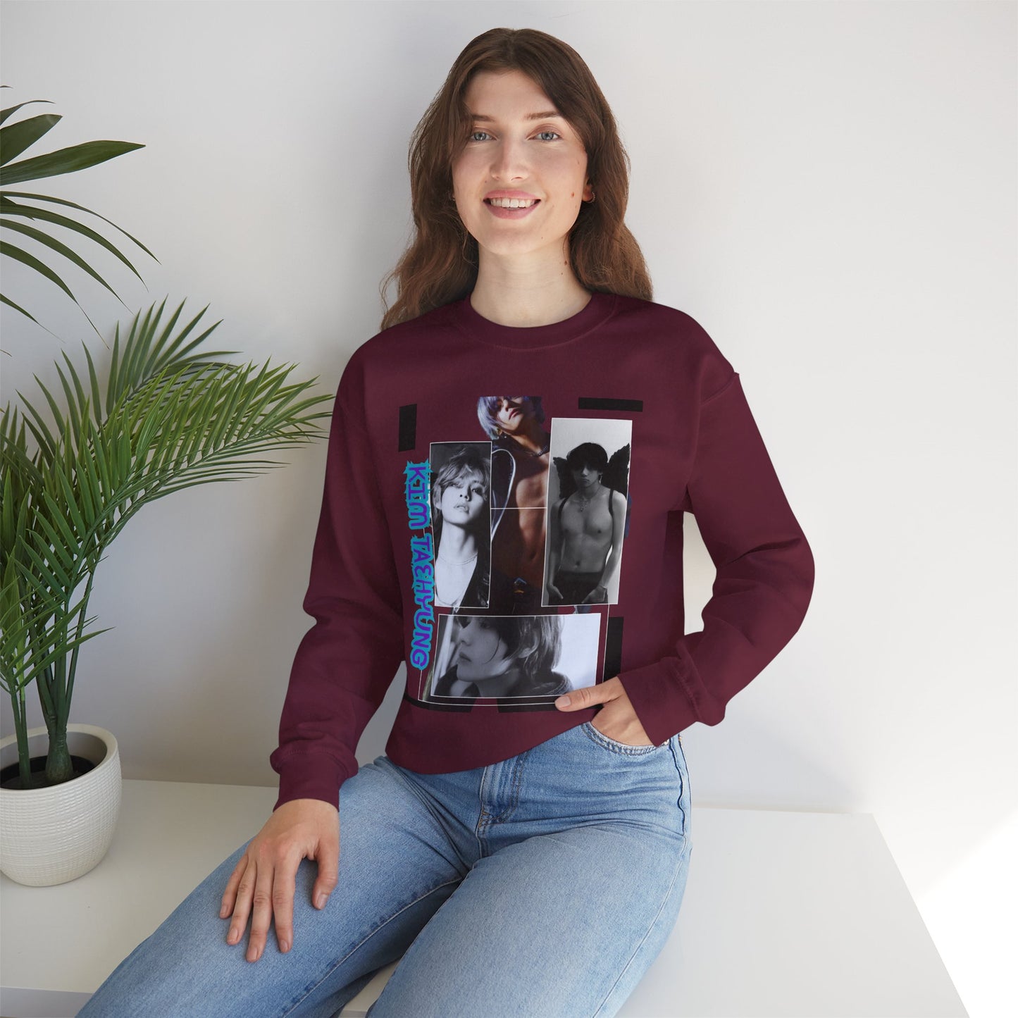 Collage Photo Crewneck Sweatshirt — Retro Portraits with Blue 'KPOP TAEHYUNG' Text