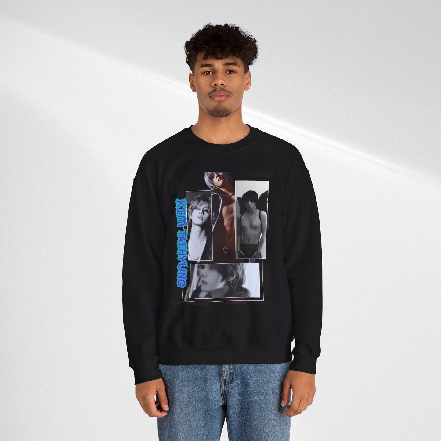 Collage Photo Crewneck Sweatshirt — Retro Portraits with Blue 'KPOP TAEHYUNG' Text