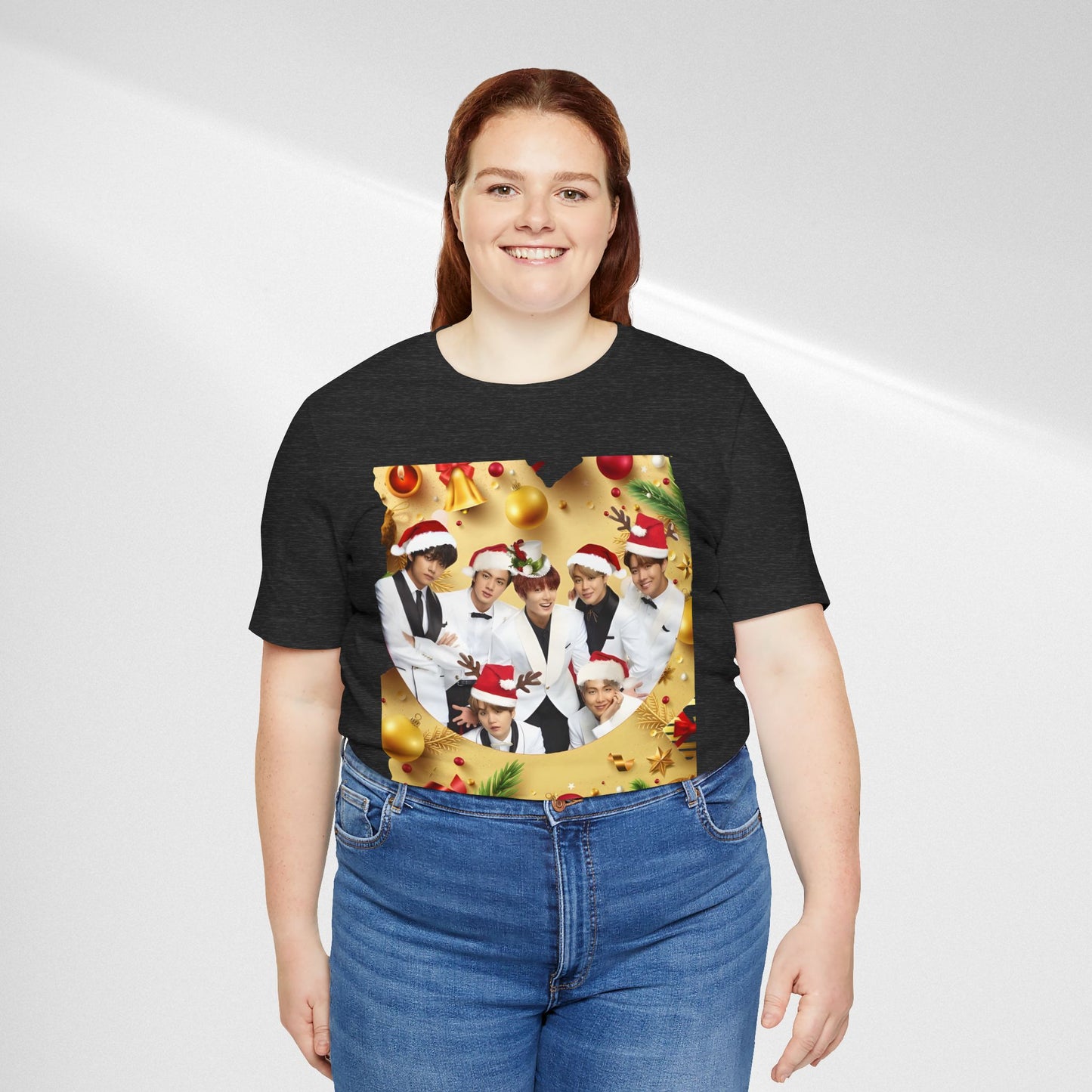 Christmas BTS Photo T‑Shirt — Holiday Santa Hat Group Design