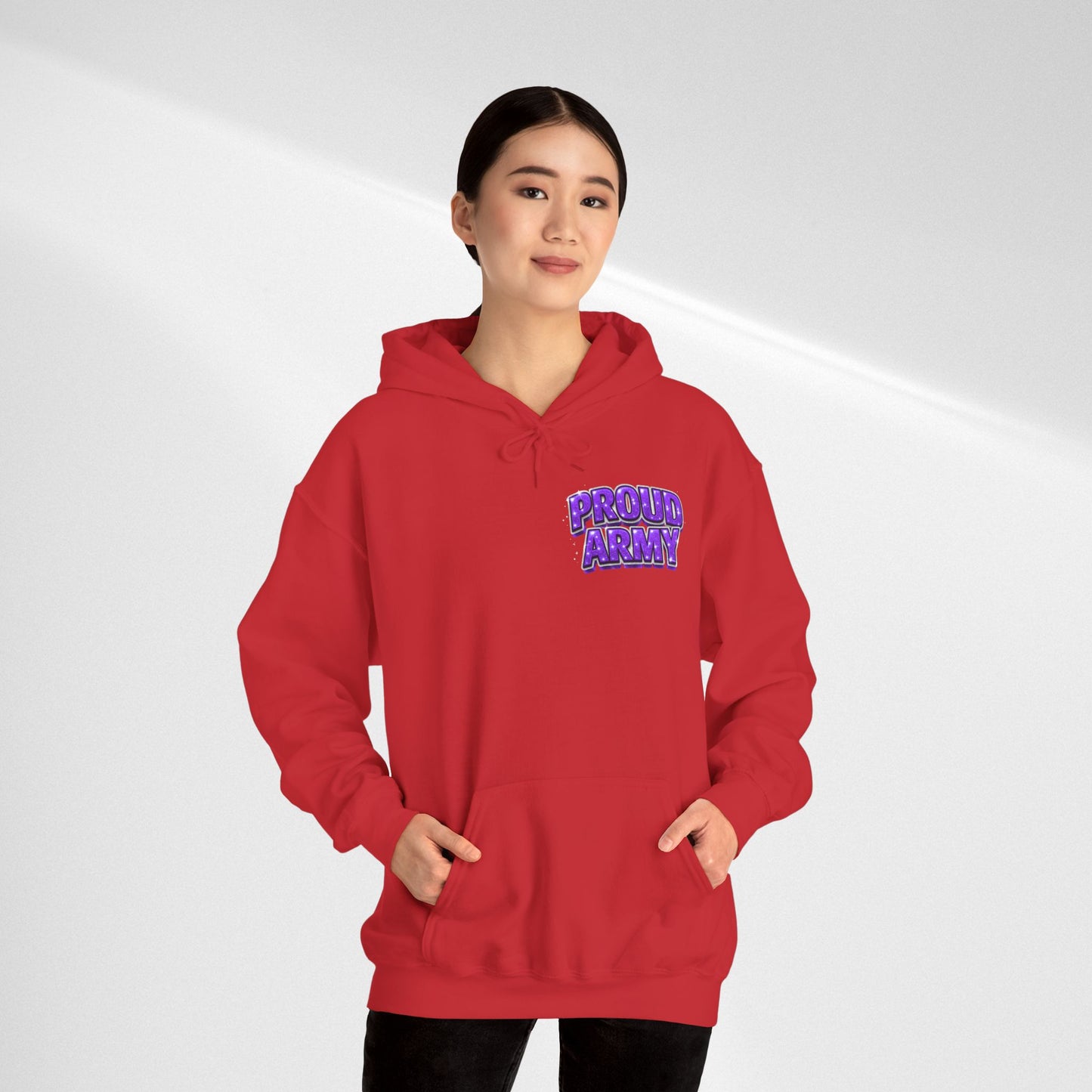Proud Army Hoodie — Bold Purple Text Military Support Pullover