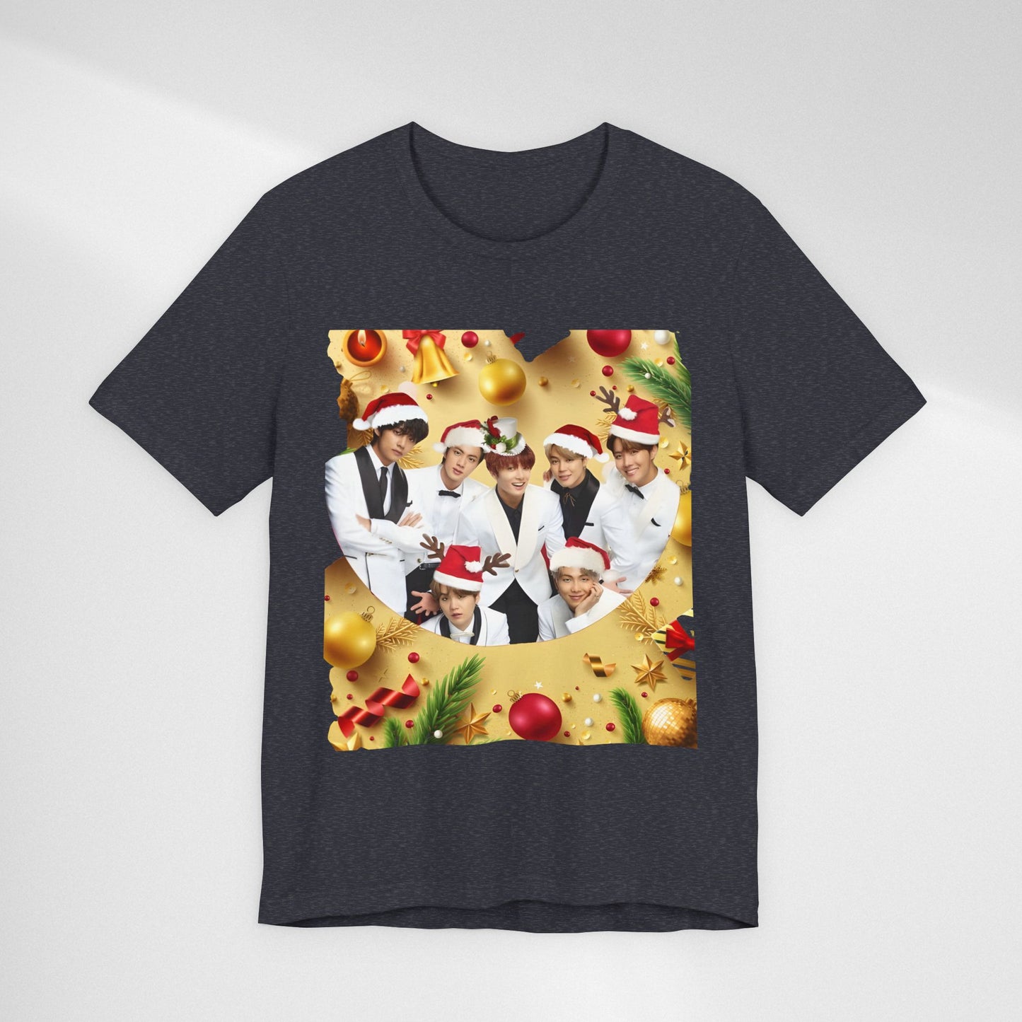 Christmas BTS Photo T‑Shirt — Holiday Santa Hat Group Design