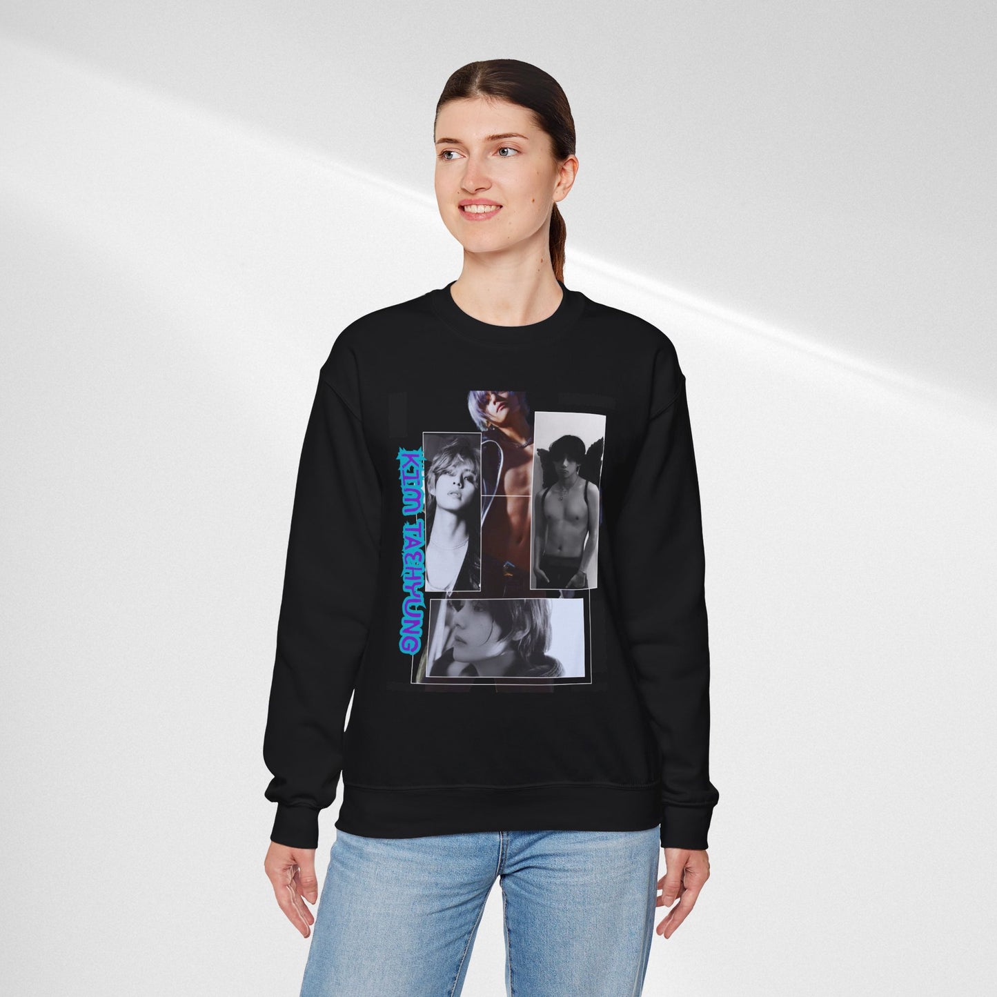 Collage Photo Crewneck Sweatshirt — Retro Portraits with Blue 'KPOP TAEHYUNG' Text