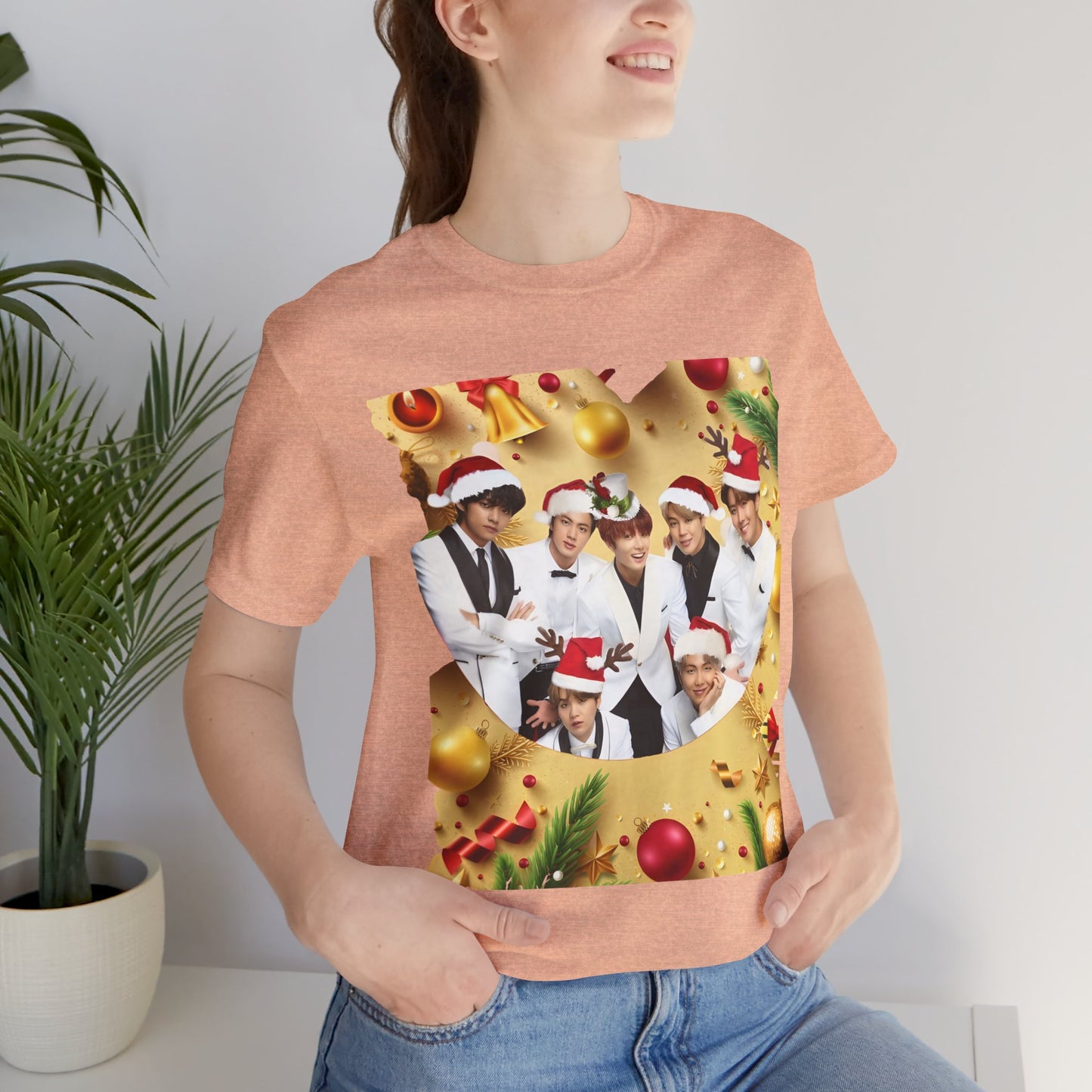 Christmas BTS Photo T‑Shirt — Holiday Santa Hat Group Design