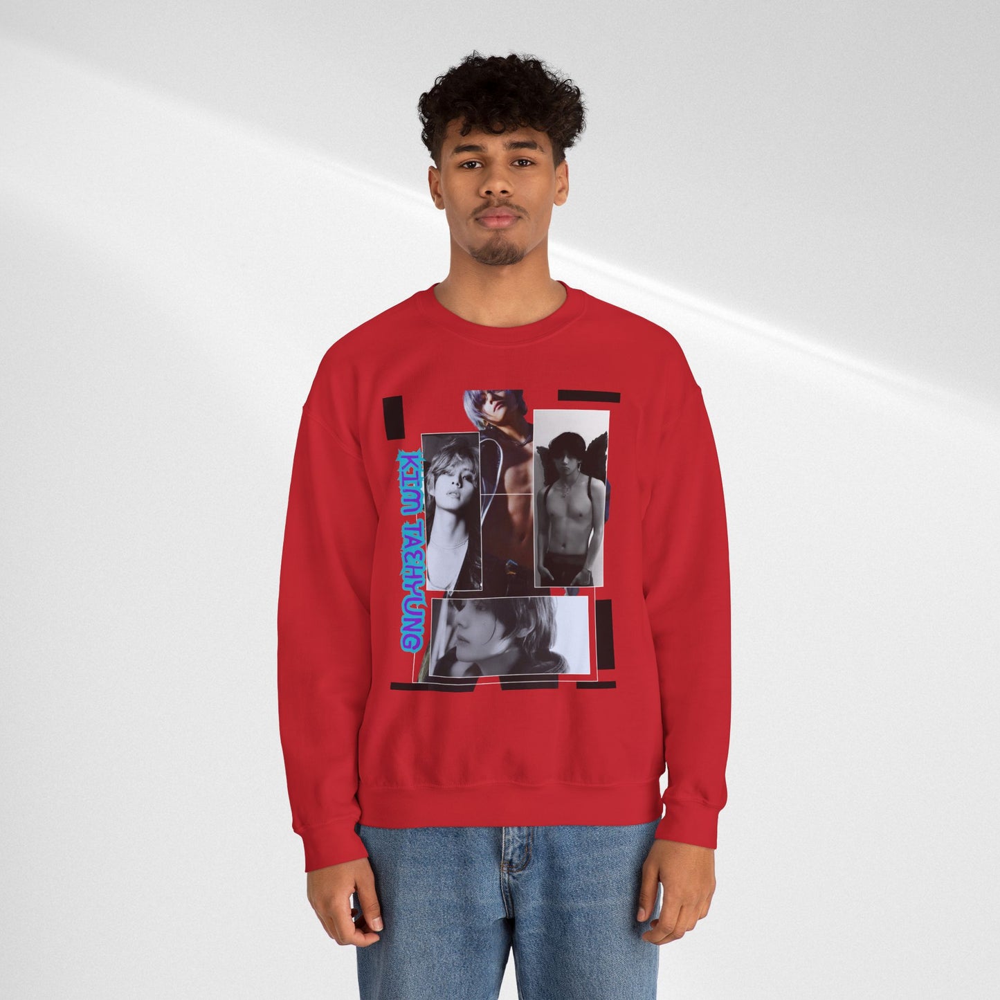 Collage Photo Crewneck Sweatshirt — Retro Portraits with Blue 'KPOP TAEHYUNG' Text