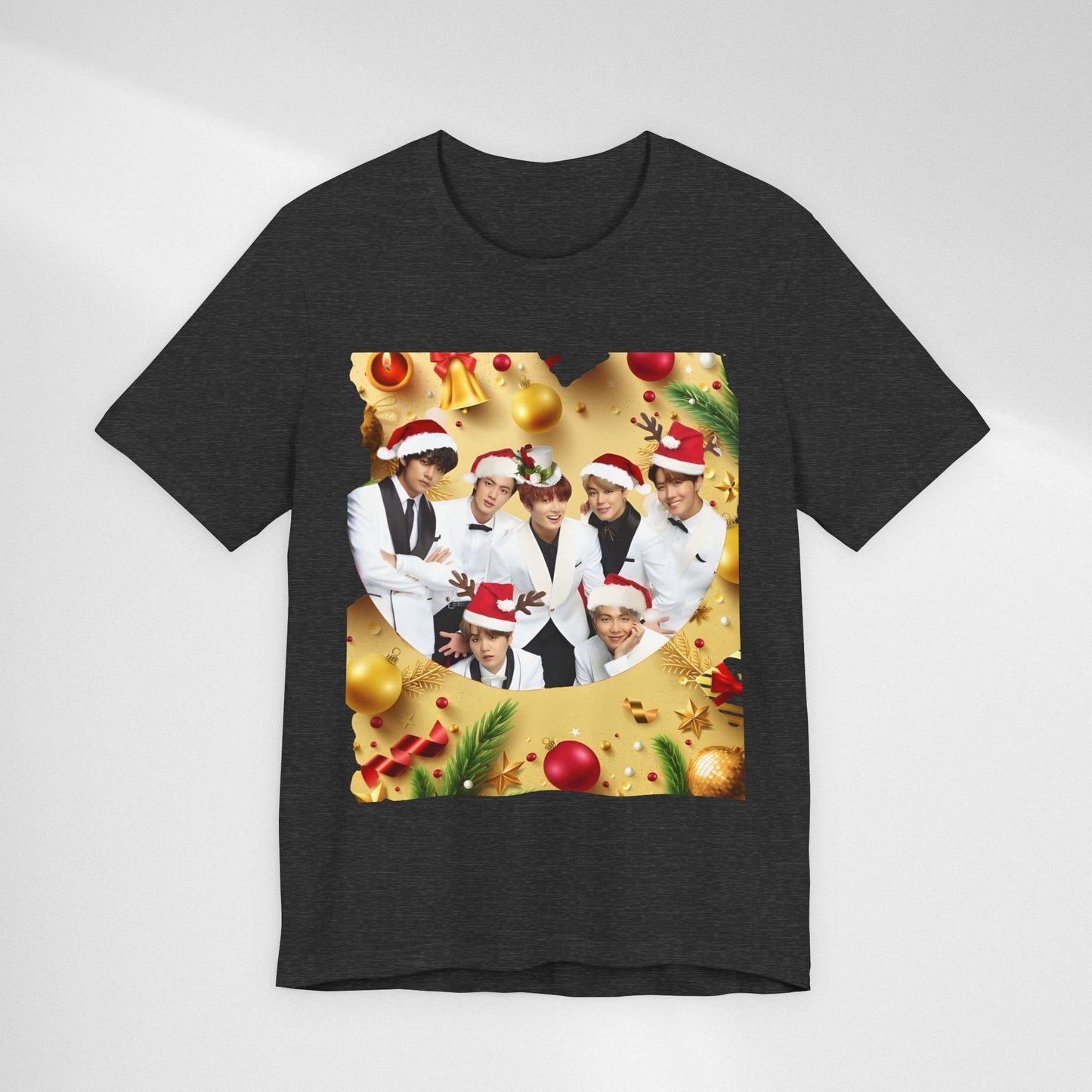Christmas BTS Photo T‑Shirt — Holiday Santa Hat Group Design