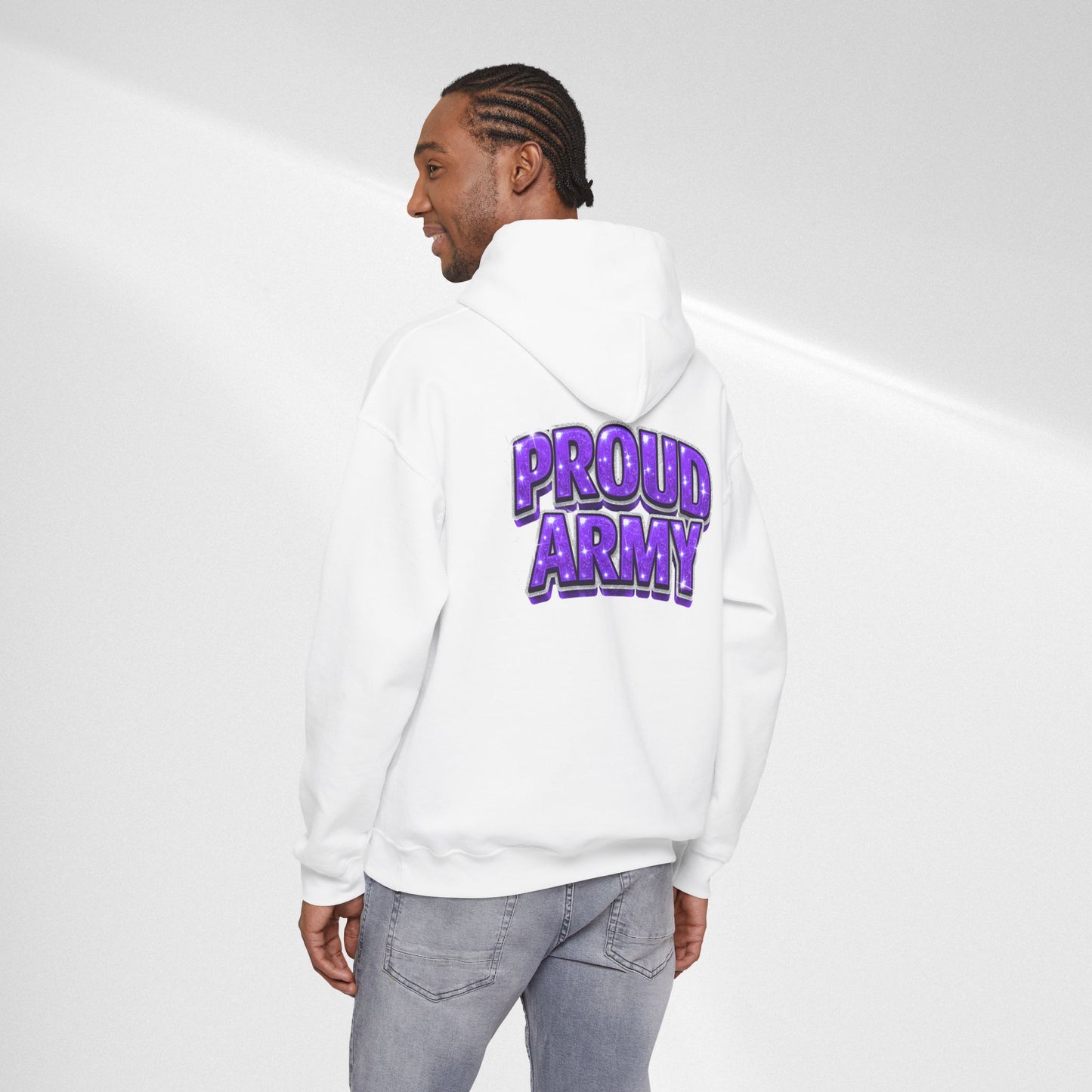 Proud Army Hoodie — Bold Purple Text Military Support Pullover
