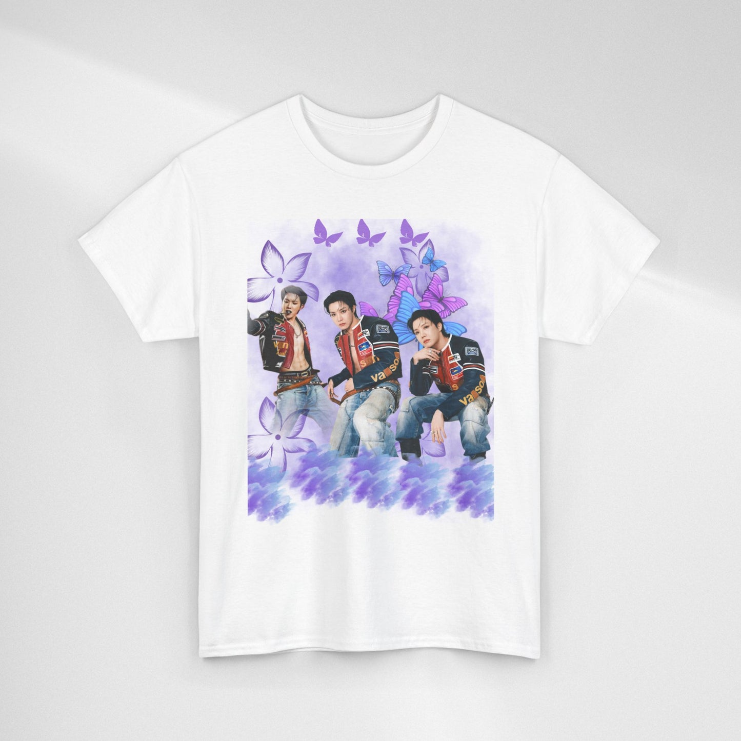 JHOPE Retro Pop Band Portrait Tee — Purple Butterfly Graphic T-Shirt