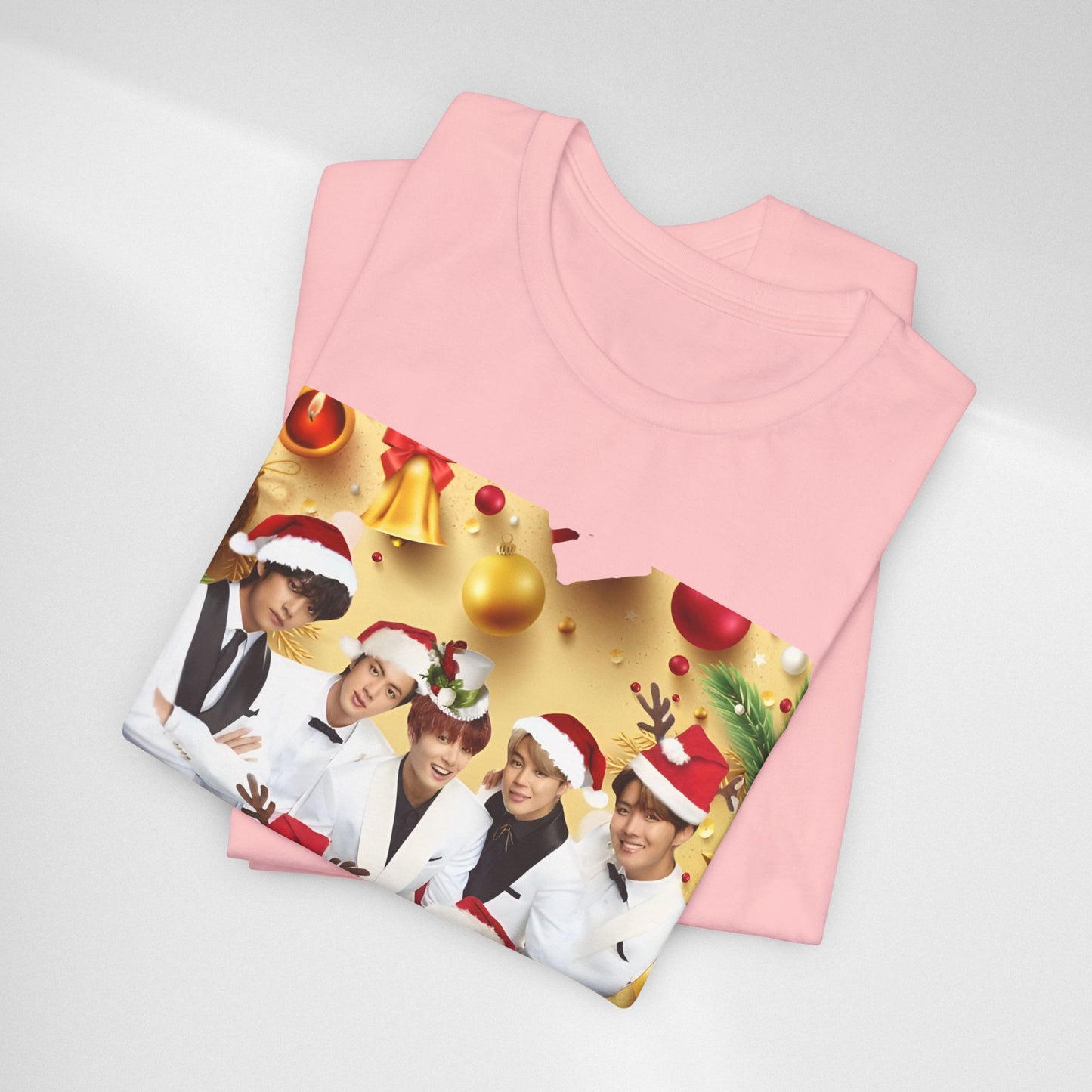 Christmas BTS Photo T‑Shirt — Holiday Santa Hat Group Design