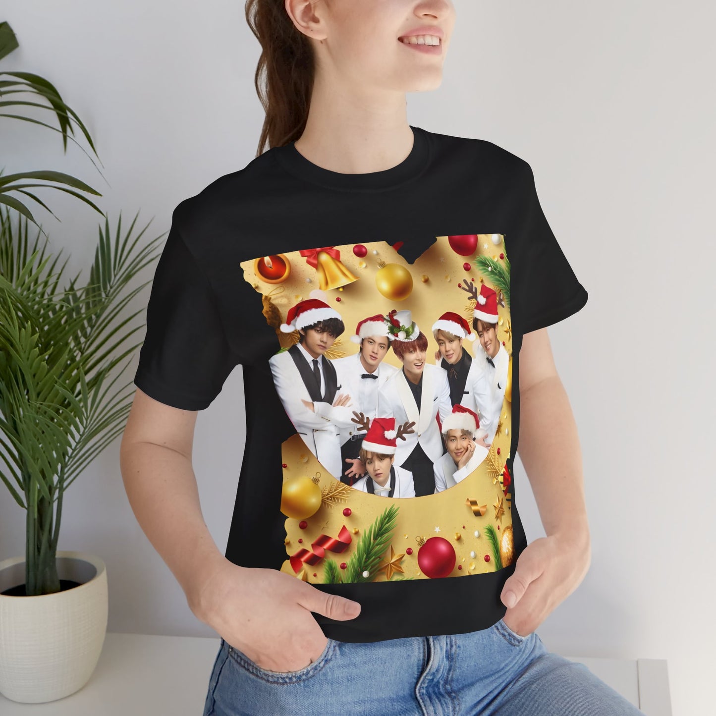 Christmas BTS Photo T‑Shirt — Holiday Santa Hat Group Design