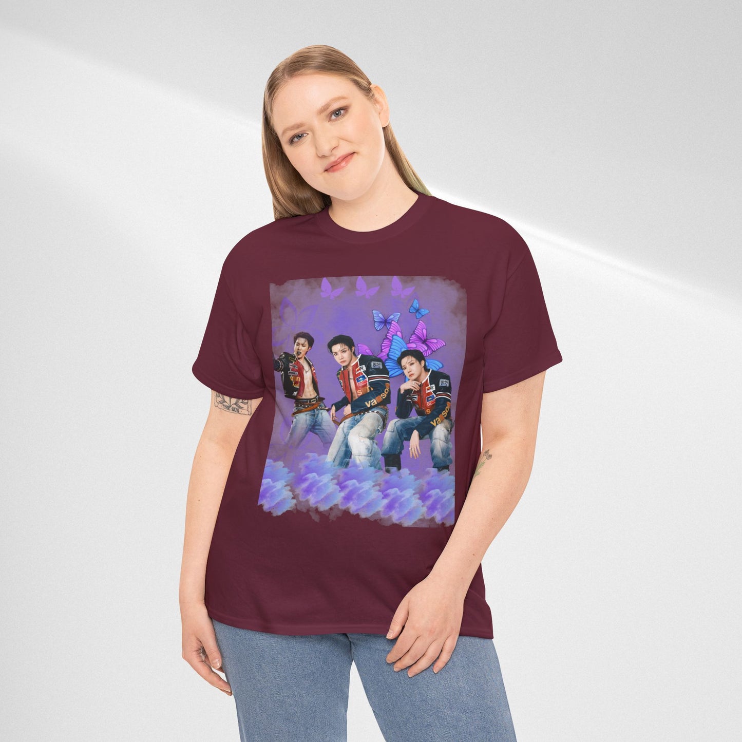 JHOPE Retro Pop Band Portrait Tee — Purple Butterfly Graphic T-Shirt