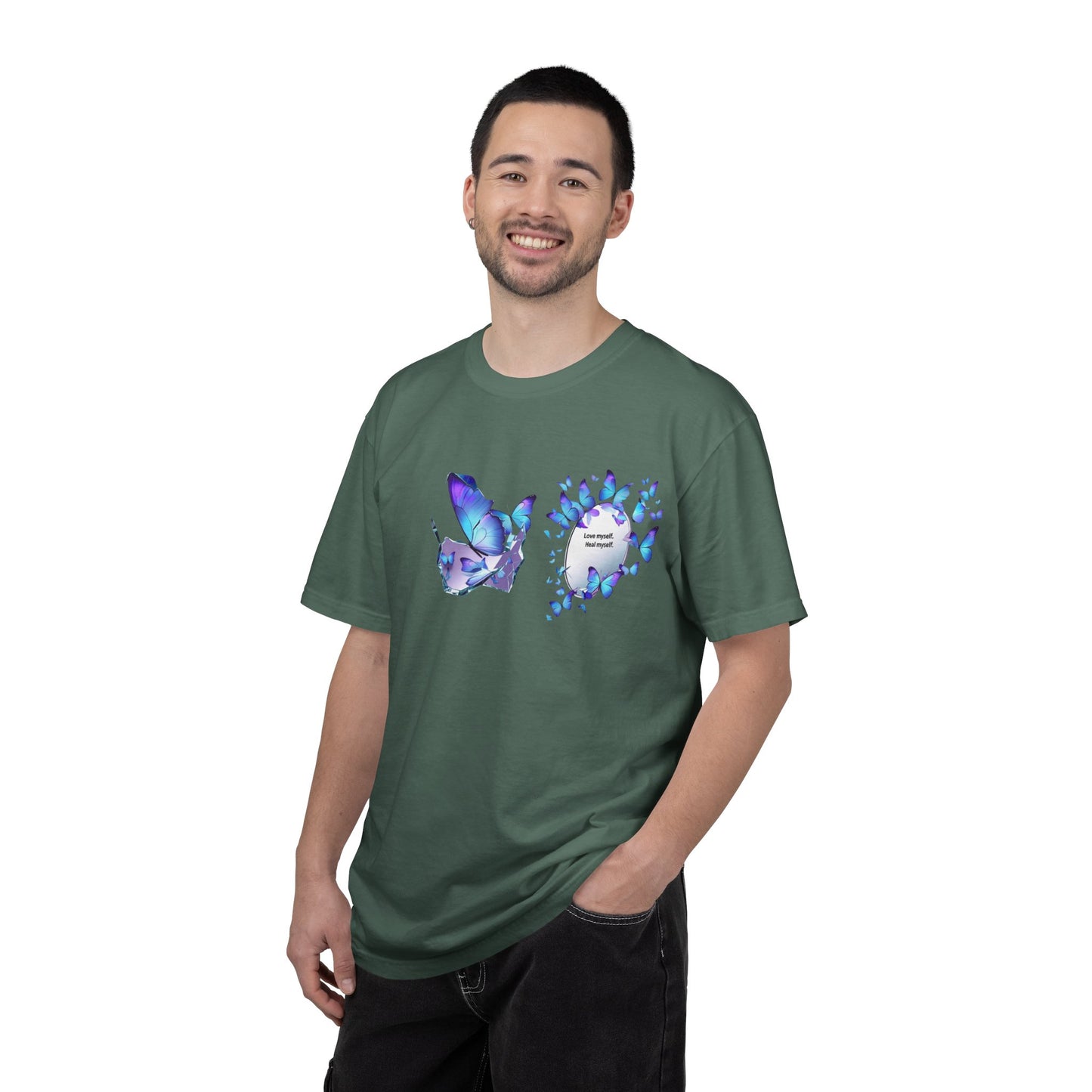 Butterfly Heart T-Shirt — Blue Watercolor Butterflies & "Everyone Deserves Love" Design
