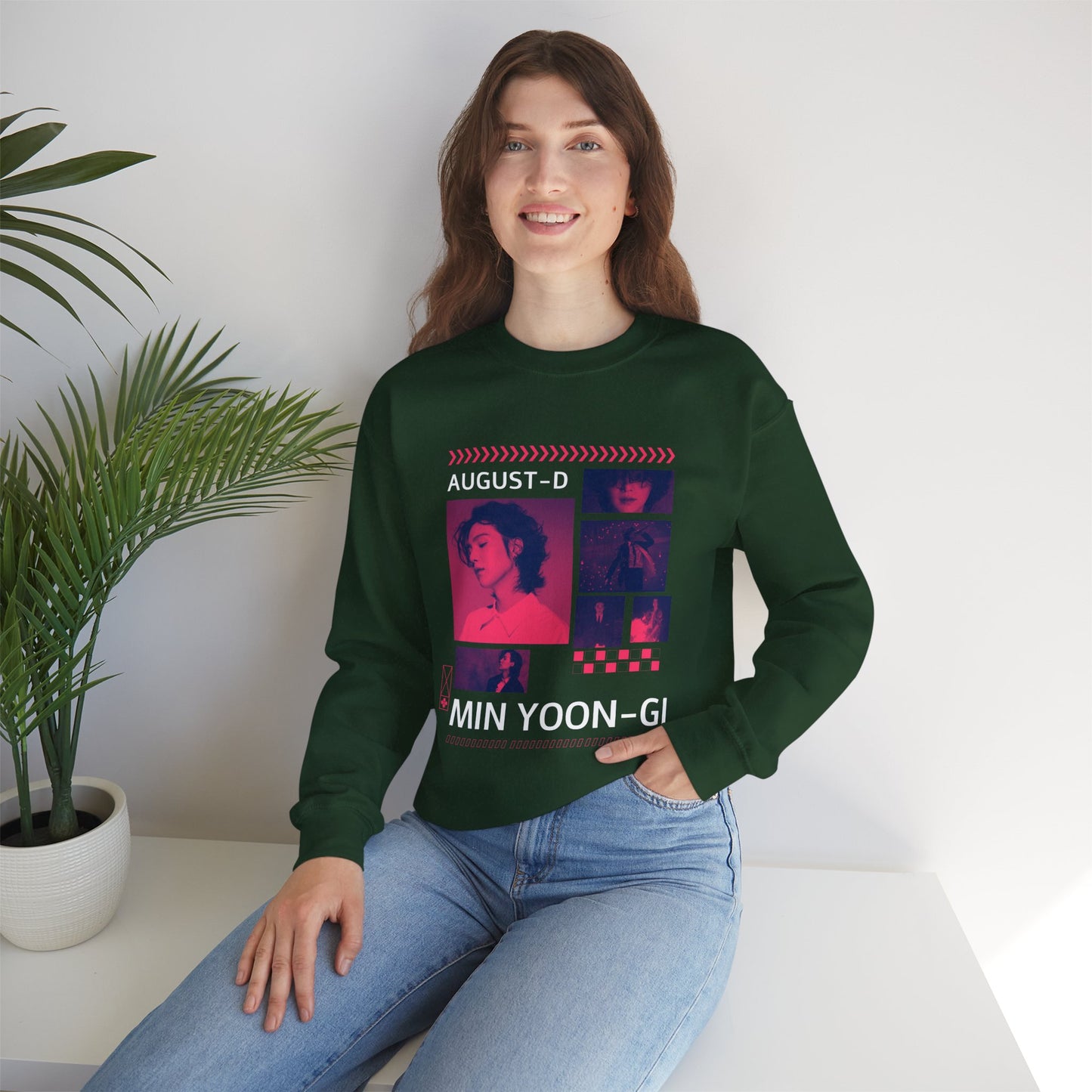 Graphic Crewneck Sweatshirt — 'MIN YOON-GI' Neon Photo Collage