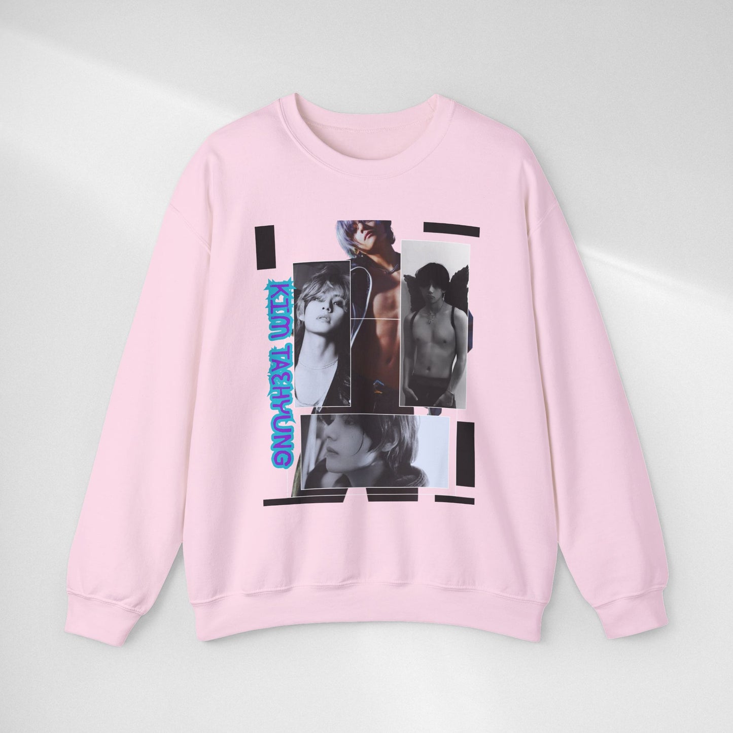 Collage Photo Crewneck Sweatshirt — Retro Portraits with Blue 'KPOP TAEHYUNG' Text
