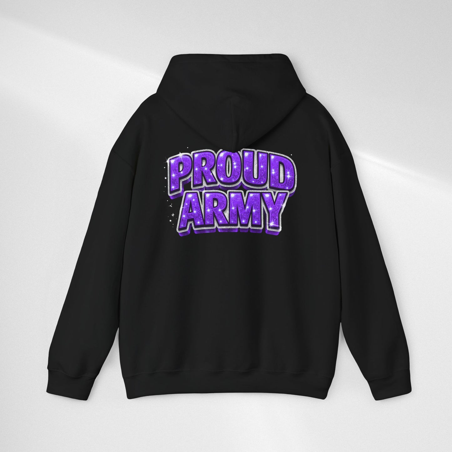 Proud Army Hoodie — Bold Purple Text Military Support Pullover