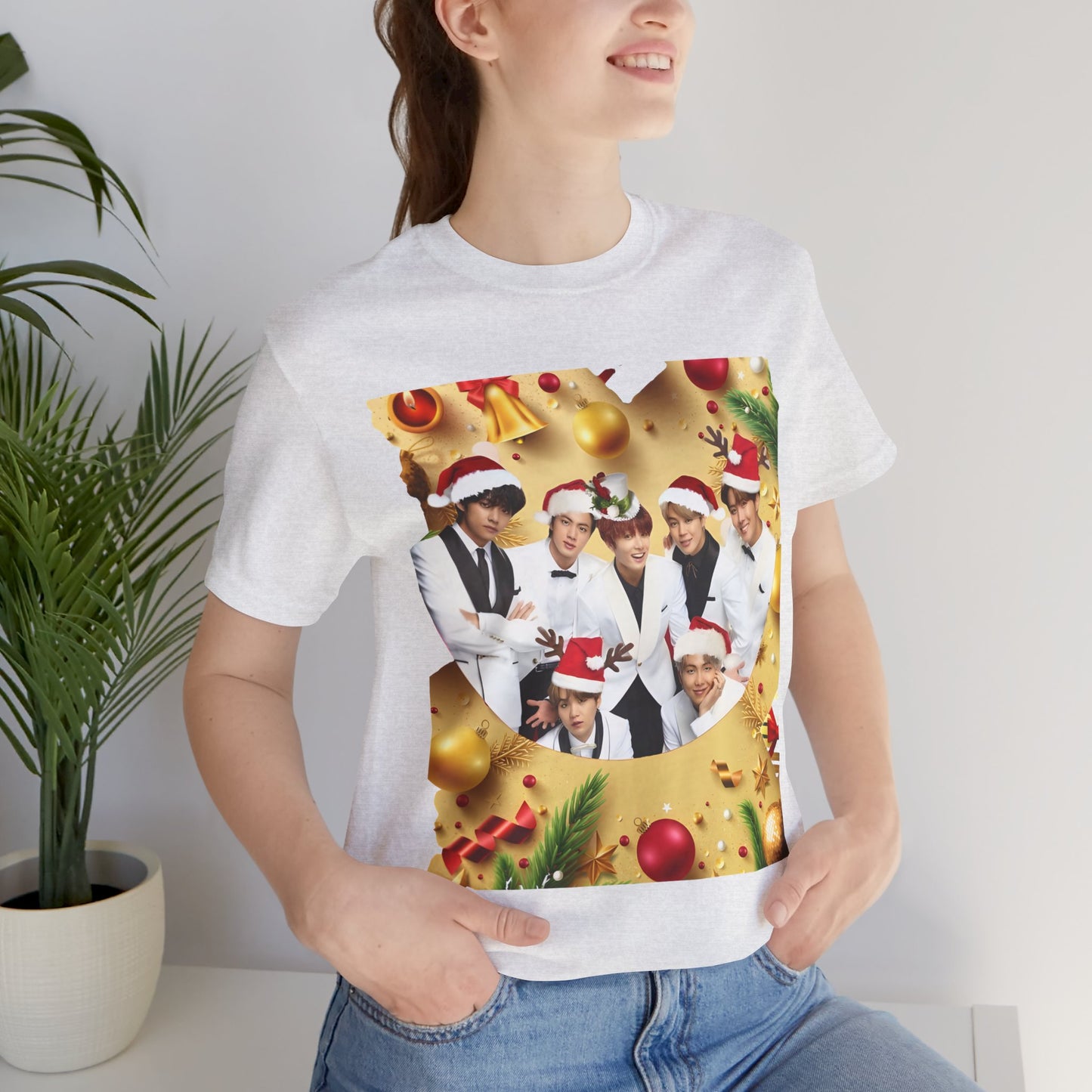 Christmas BTS Photo T‑Shirt — Holiday Santa Hat Group Design