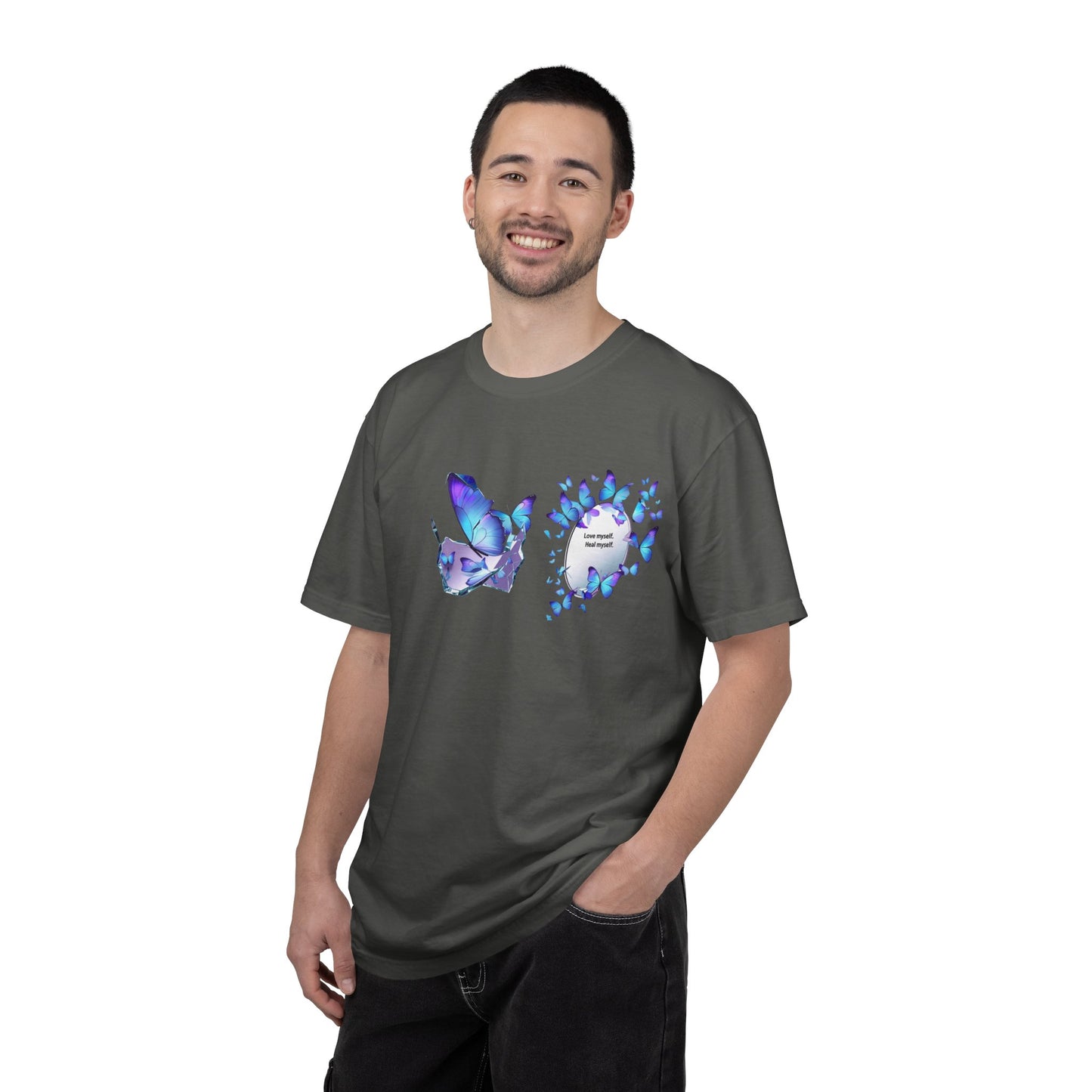 Butterfly Heart T-Shirt — Blue Watercolor Butterflies & "Everyone Deserves Love" Design