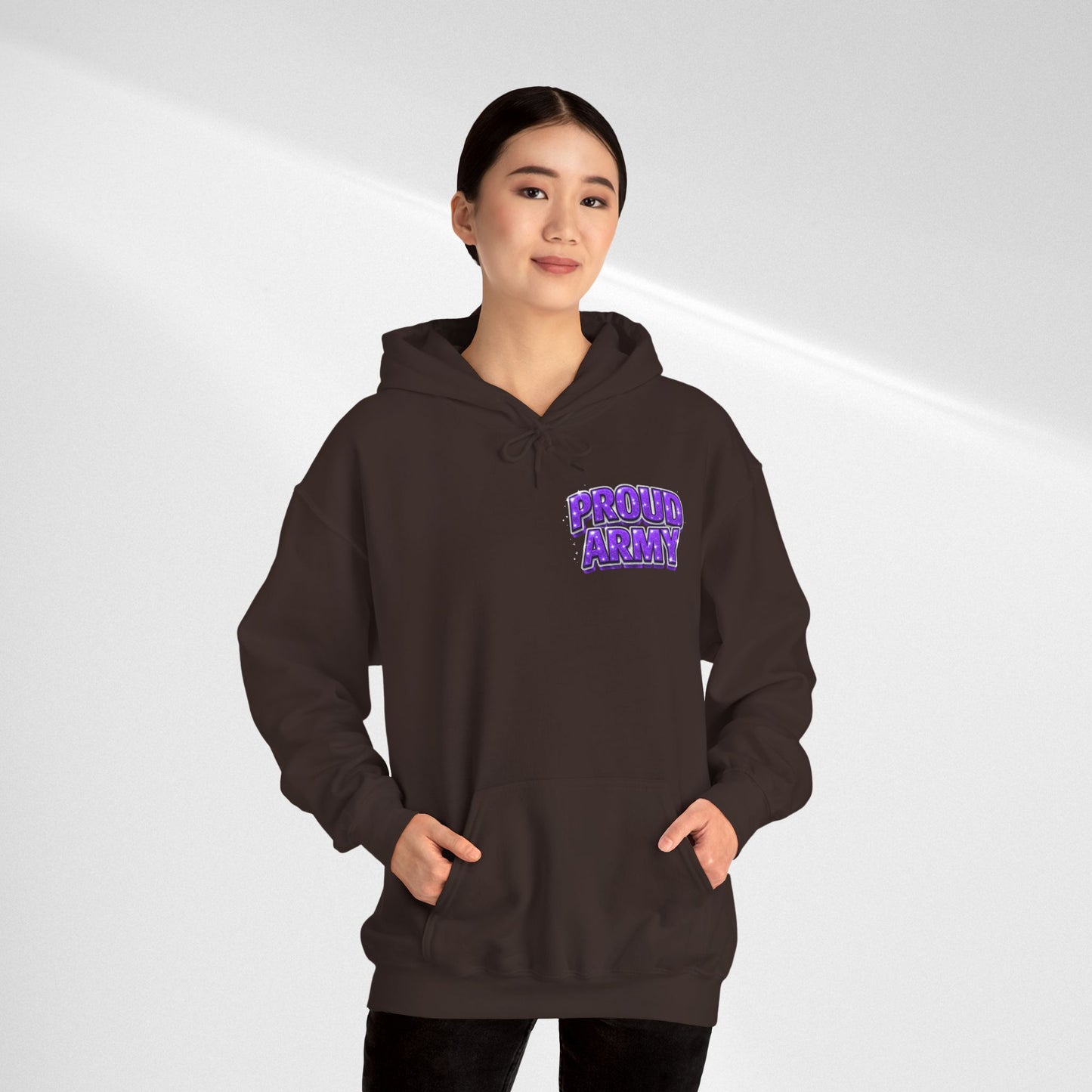 Proud Army Hoodie — Bold Purple Text Military Support Pullover