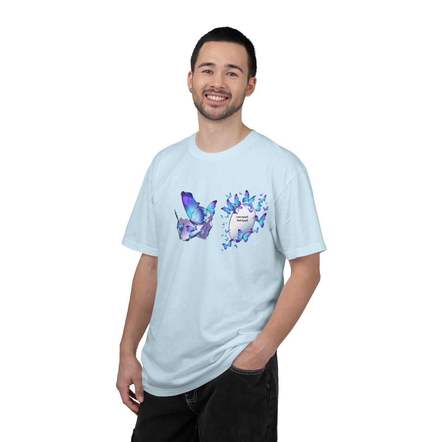 Butterfly Heart T-Shirt — Blue Watercolor Butterflies & "Everyone Deserves Love" Design
