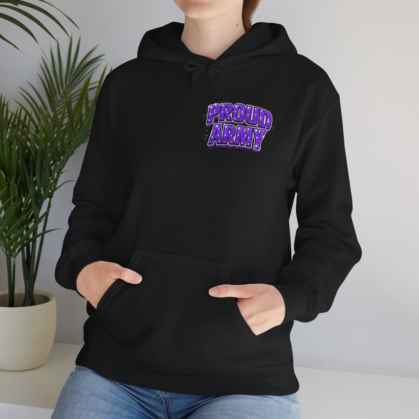 Proud Army Hoodie — Bold Purple Text Military Support Pullover