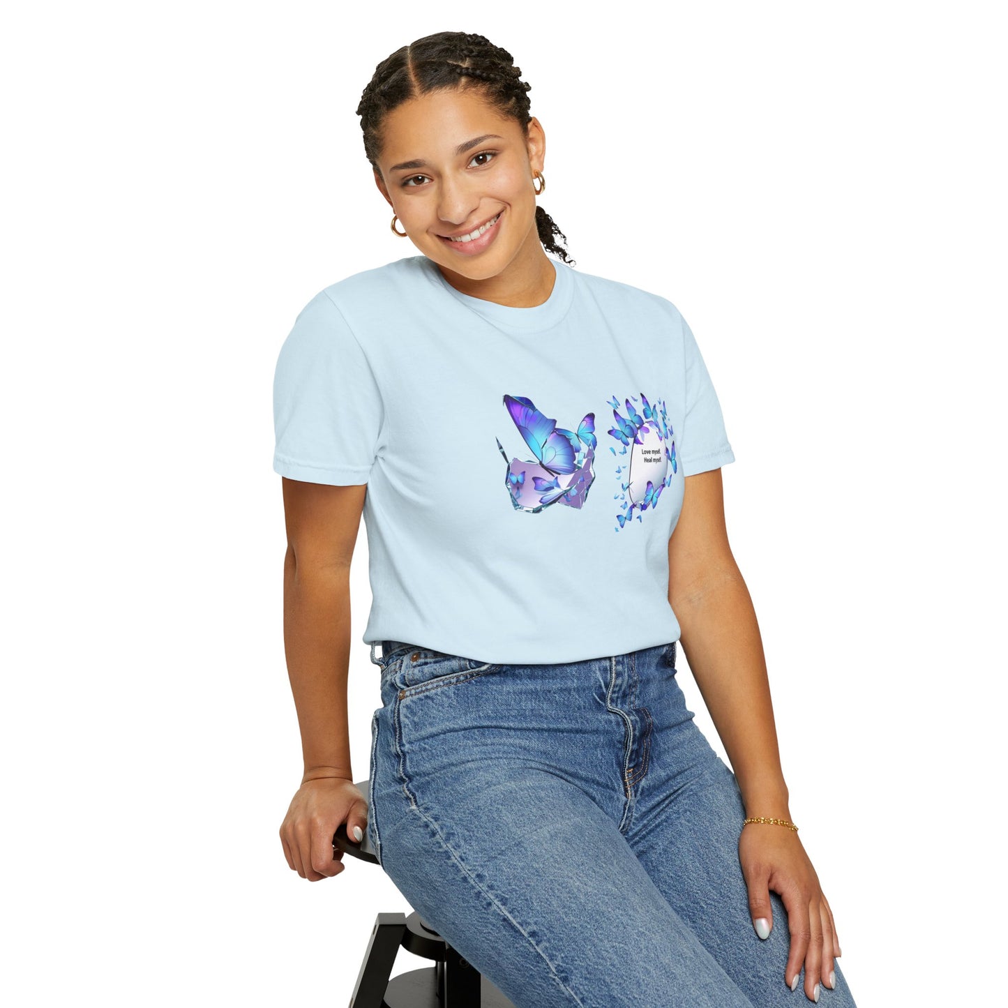 Butterfly Heart T-Shirt — Blue Watercolor Butterflies & "Everyone Deserves Love" Design