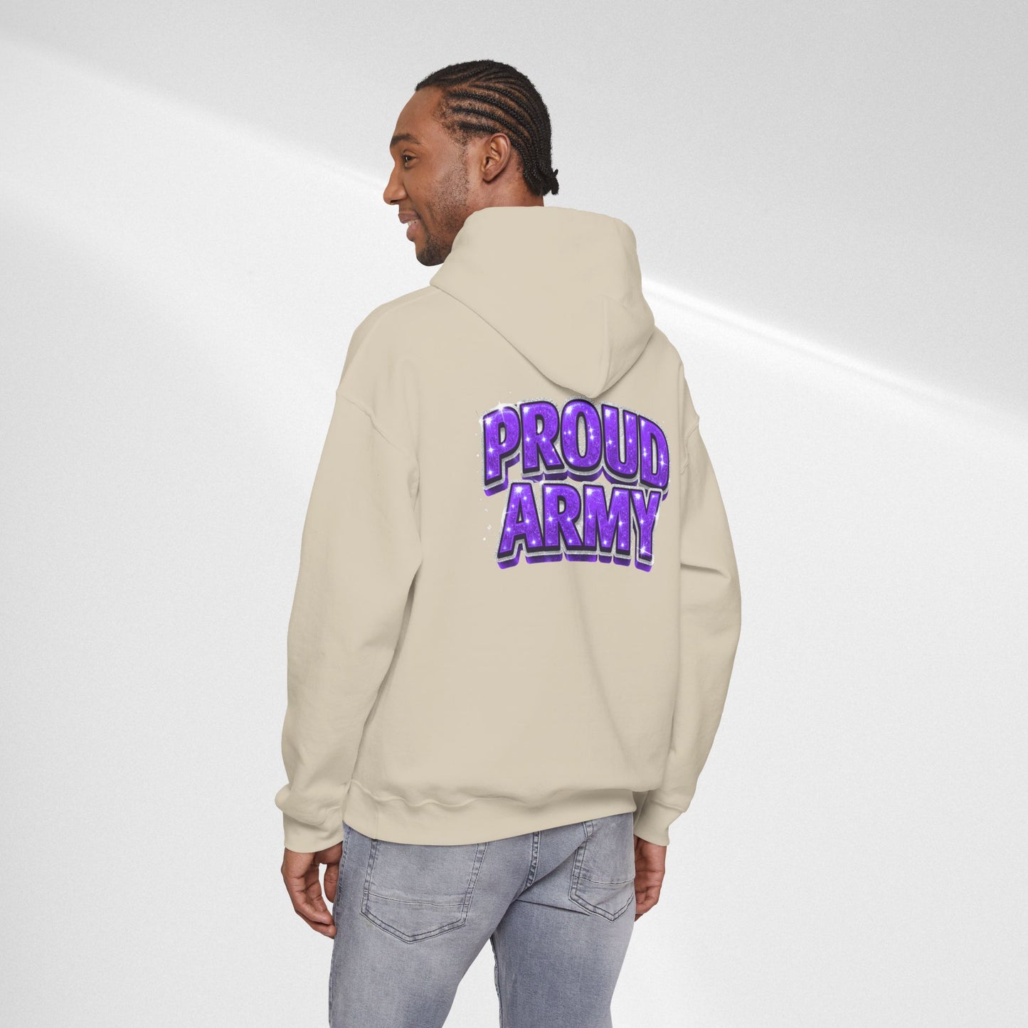 Proud Army Hoodie — Bold Purple Text Military Support Pullover