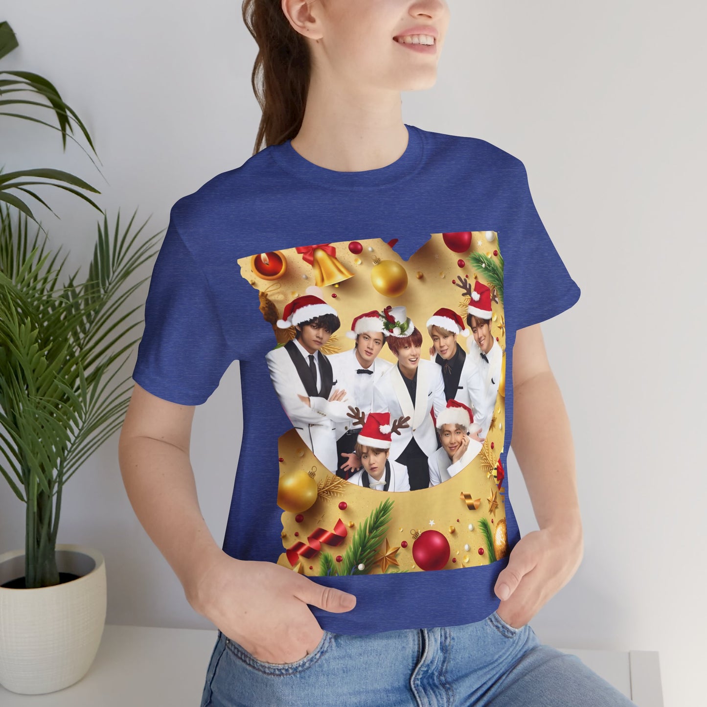 Christmas BTS Photo T‑Shirt — Holiday Santa Hat Group Design