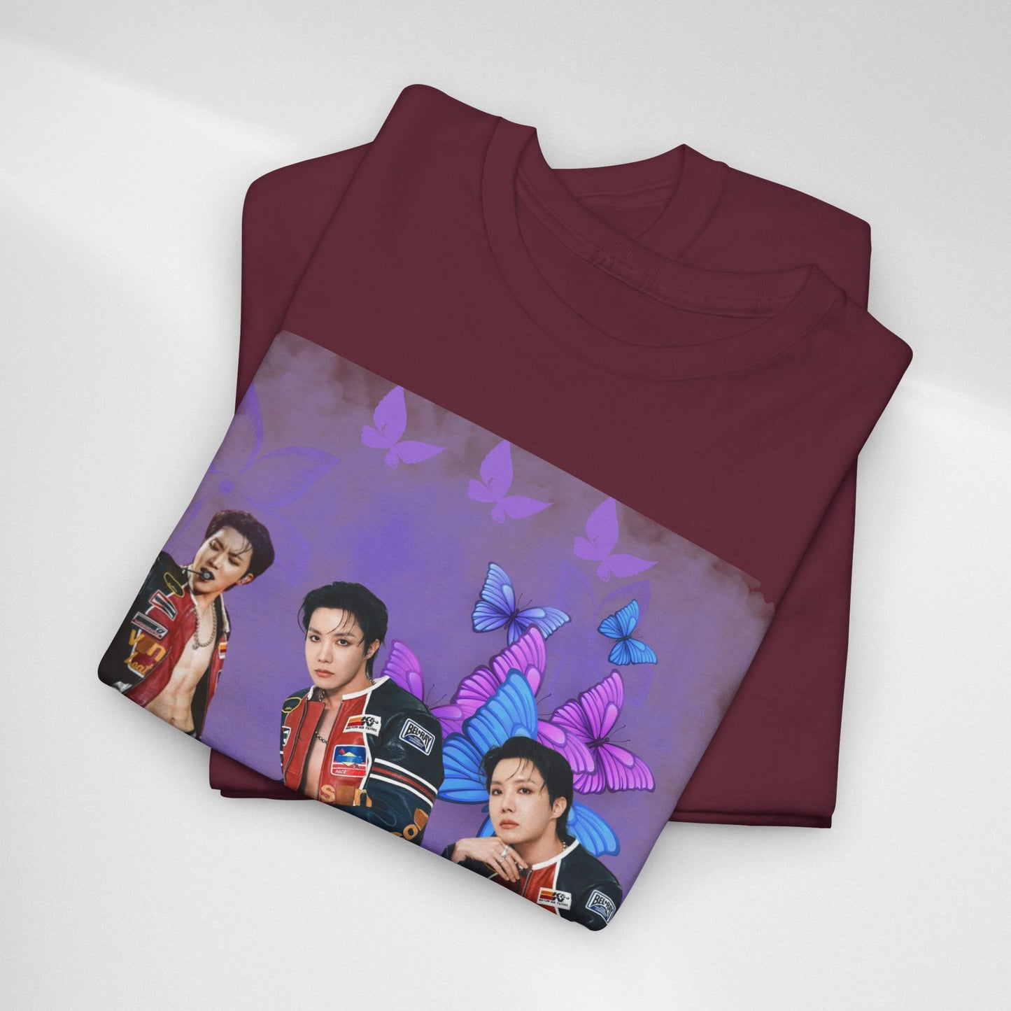 JHOPE Retro Pop Band Portrait Tee — Purple Butterfly Graphic T-Shirt