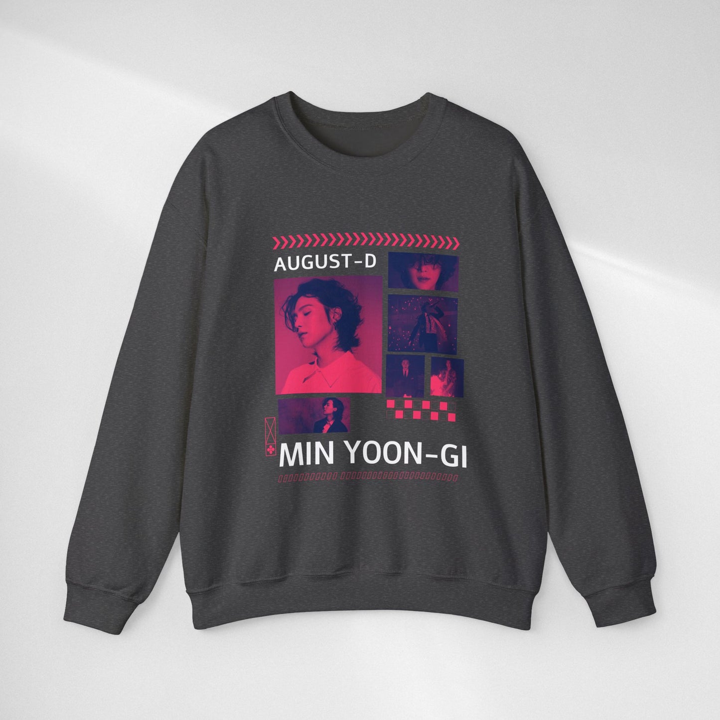 Graphic Crewneck Sweatshirt — 'MIN YOON-GI' Neon Photo Collage