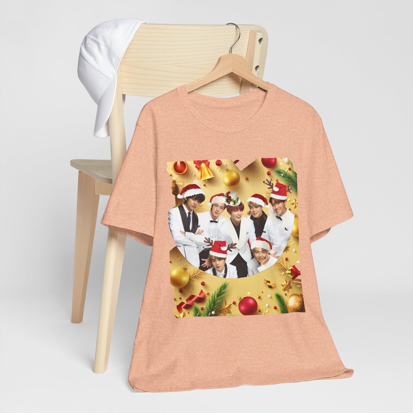 Christmas BTS Photo T‑Shirt — Holiday Santa Hat Group Design